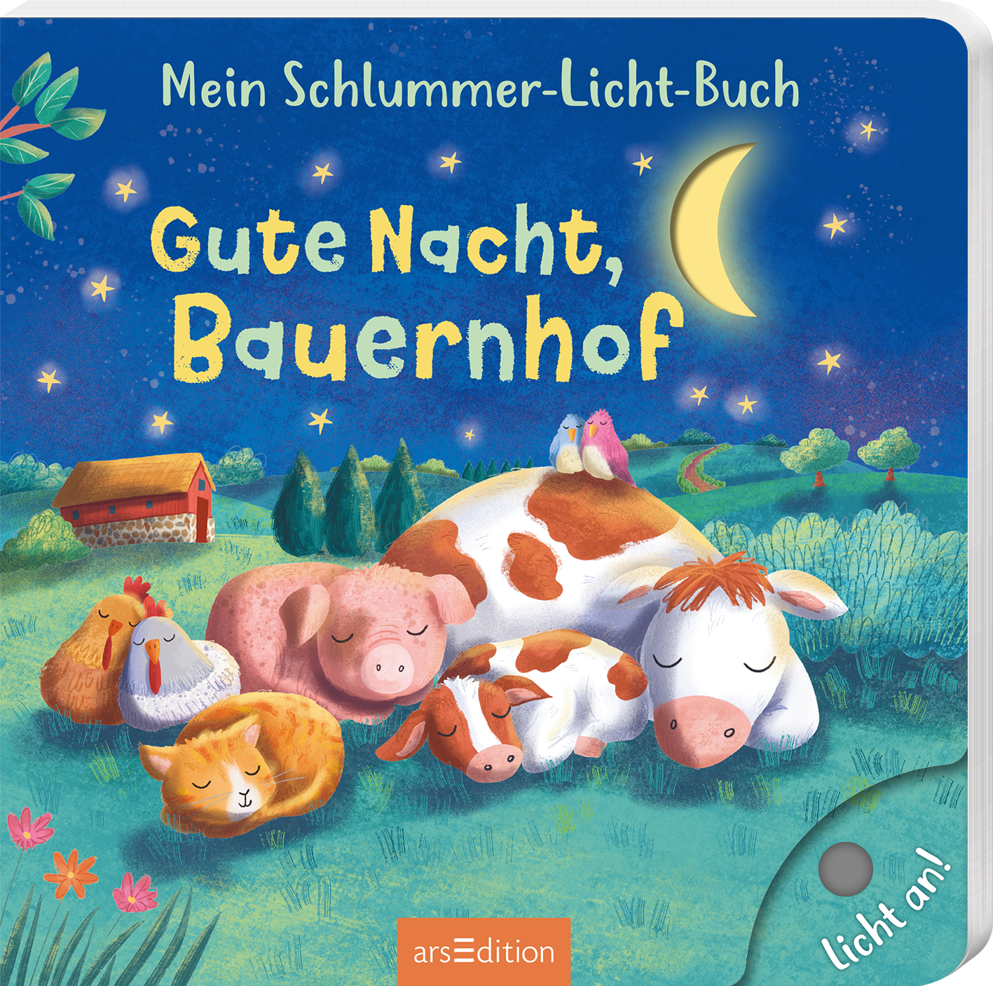Das Buchcover zeigt eine nächtliche Bauernhofszene unter einem tiefblauen Himmel mit vielen Sternen und einer schmalen, goldenen Mondsichel. In der Mitte liegen eine schlafende Katze, ein Schnarchschwein, ein Kalb und eine müde Kuh eng beieinander. Im Hintergrund sind ein rotes Scheunengebäude und einige Bäume zu erkennen. Der Titel „Gute Nacht, Bauernhof“ ist in leuchtendem Gelb und verspielter Schrift platziert. Oben steht „Mein Schlummer-Licht-Buch“. Ein SPIEGEL-Bestseller-Button...