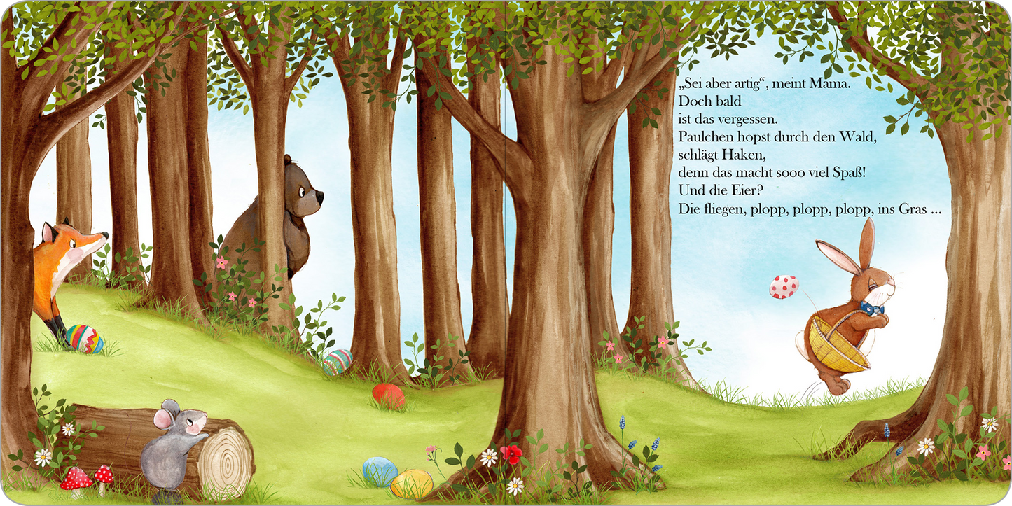Gezeigt wird eine Innen- oder Zusatzansicht von „Meine schönsten Ostergeschichten“. Die Illustration zeigt eine fröhliche Waldszene mit einem Hasen, der in einem Eierkorb sitzt und fröhlich durch die Luft schwingt. Um ihn herum stehen ein Fuchs, ein Bär und eine Maus, die aufmerksam zuschauen. Die Bäume haben kräftige braune Stämme und üppiges grünes Laub. Bunte Ostereier liegen verstreut im Gras, und die Schrift ist in einer freundlichen, gut lesbaren Handschrift verfasst.