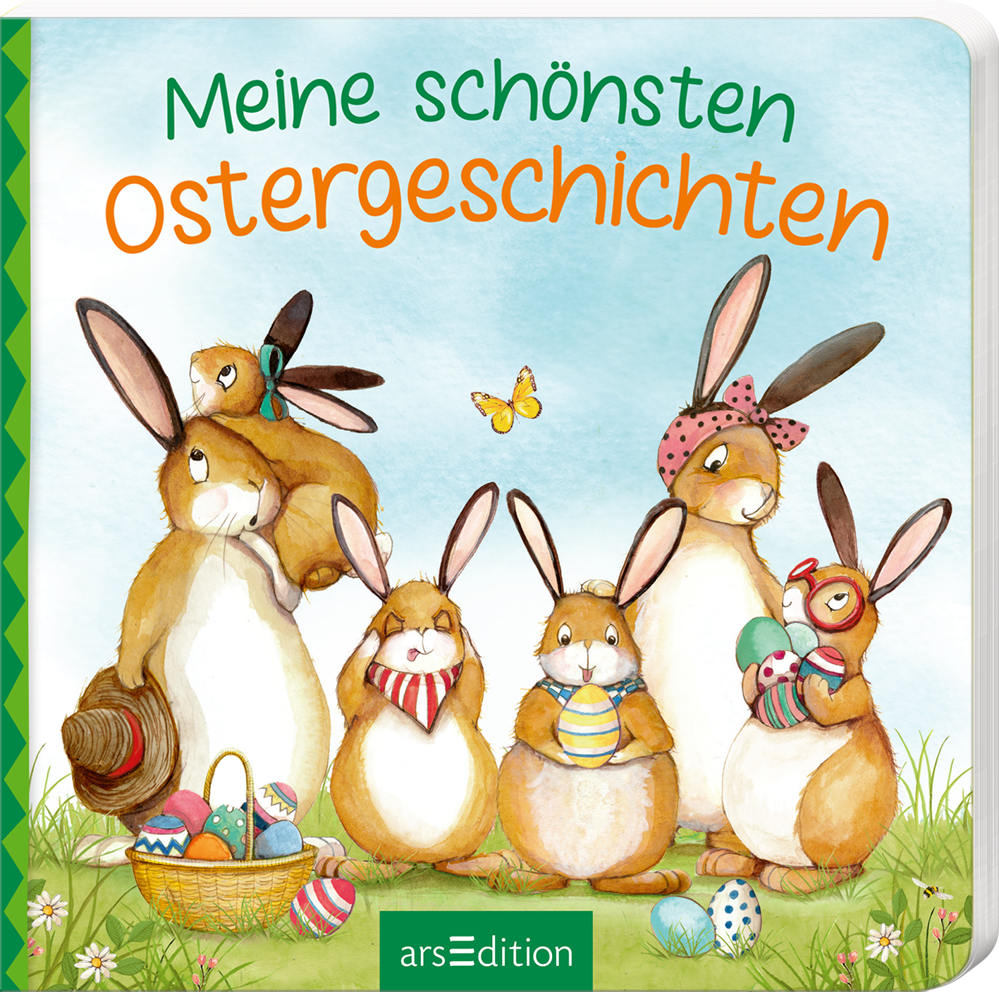 Auf dem Cover des Buches „Meine schönsten Ostergeschichten“ sind fünf fröhliche Hasen in verschiedenen Posen zu sehen. Die Hasen tragen bunte Tücher und halten Ostereier in den Händen, umgeben von Ostereiern und Frühlingsblumen. Der Hintergrund ist in sanften Grüntönen gehalten und zeigt einen blauen Himmel mit einer fliegenden Schmetterling. Der Titel ist in einer markanten, orangefarbenen Schriftart platziert. Ganz unten mittig steht der Logoschriftzug von arsEdition.