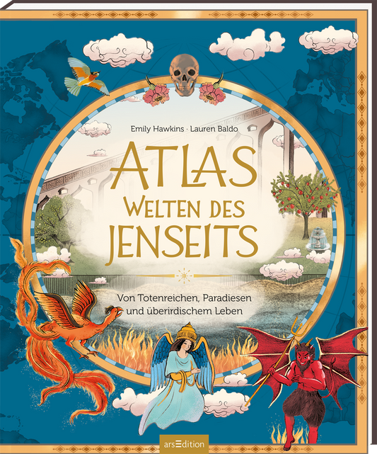 Das Cover zeigt eine farbenfrohe und fantasievolle Illustration, dominiert von einem intensiven Himmelblau und Gold. In der Mitte steht in großen, weißen Buchstaben der Titel „ATLAS WELTEN DES JENSEITS“. Um den Titel sind mythische Elemente angeordnet, darunter Engel, Teufel und andere symbolische Figuren, die verschiedene Reiche des Jenseits darstellen. Am oberen Rand prangt ein Totenschädel. Unten links befindet sich ein „SPIEGEL-Bestseller“-Button. Ganz unten mittig steht der...