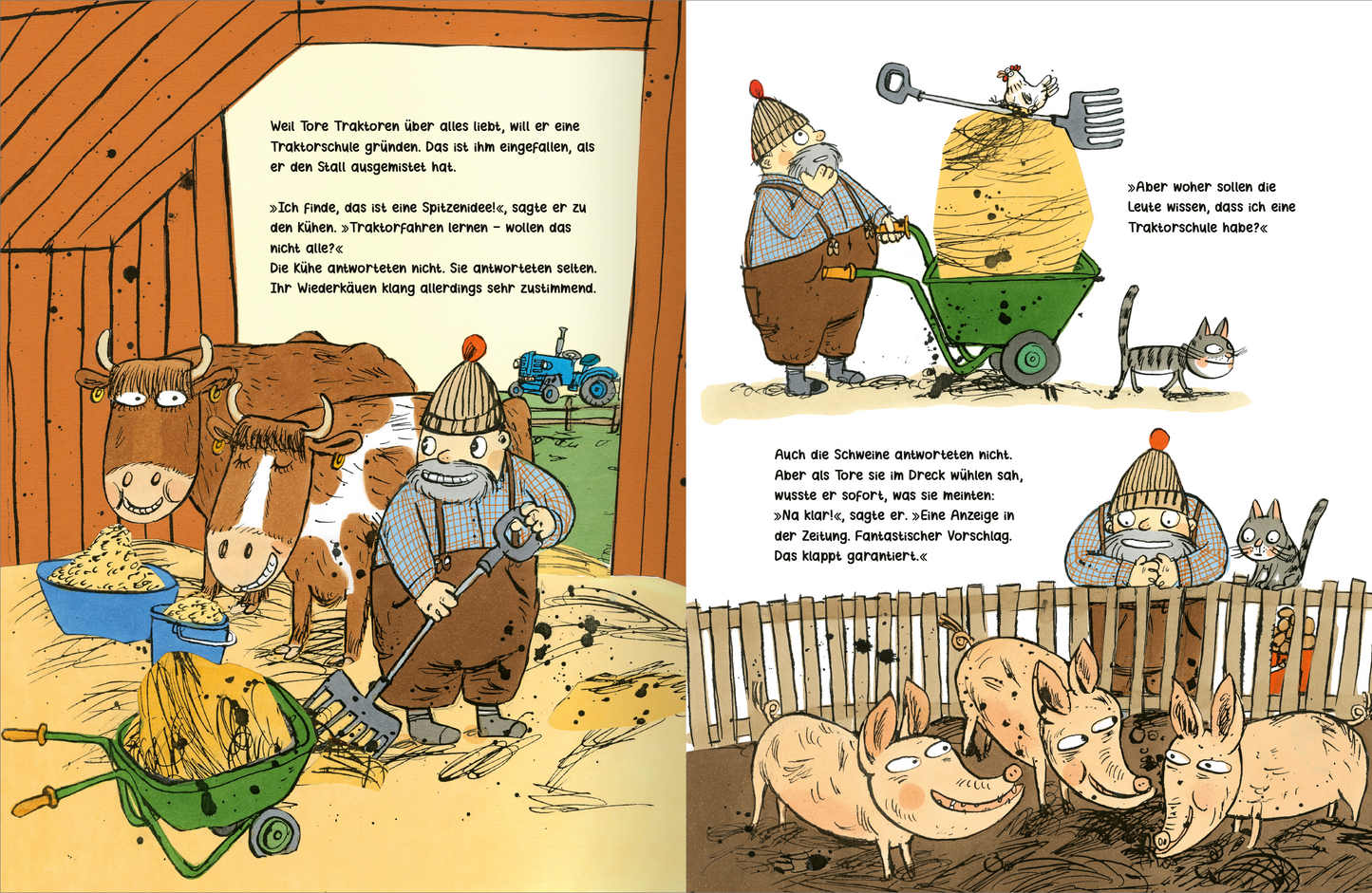 Gezeigt wird eine Innen- oder Zusatzansicht von „Tores Traktorschule“. Die Illustration zeigt eine bunte und lebendige Szene in einem Bauernhof. Auf der linken Seite steht ein fröhlicher Bauer mit einer Schubkarre, umgeben von Tieren wie Kühen und einem Kätzchen. Die Wände sind in warmen Holz-Tönen gehalten, während der Text in klarer, kindgerechter Schrift formuliert ist. Die rechte Seite zeigt weitere tierische Charaktere, darunter Schweine, die aufmerksam in Richtung des...