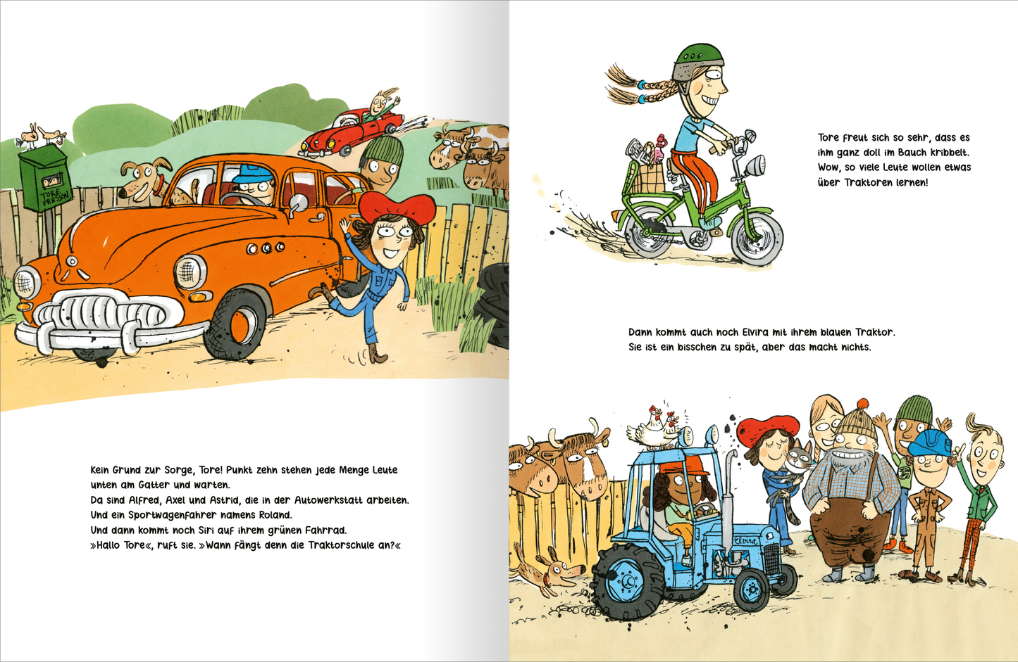 Gezeigt wird eine Innen- oder Zusatzansicht von „Tores Traktorschule“. Die Seite zeigt eine bunte, cartoonhafte Illustration. Auf der linken Seite steht ein orangefarbener Oldtimer, neben dem fröhliche Charaktere agieren. Rechts ist eine Szene mit einem grünen Traktor und mehreren Figuren, die humorvoll dargestellt sind. Die Farbpalette umfasst lebhafte Töne wie Orange, Grün und Blau, während die Schrift in einer klaren, kindgerechten Typografie gehalten ist. Detailreiche Elemente wie...