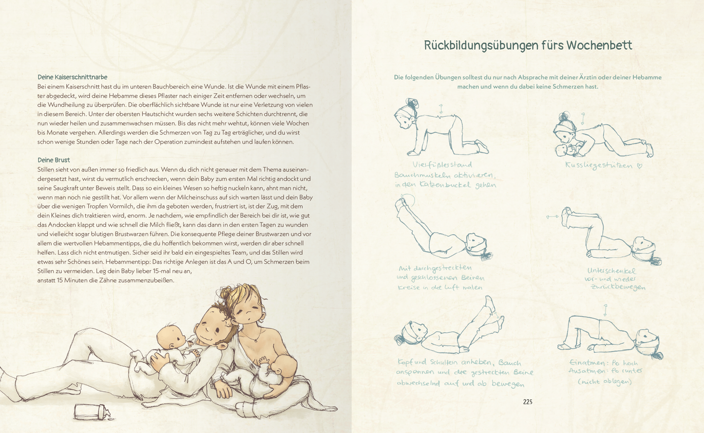Gezeigt wird eine Innen- oder Zusatzansicht von „Du und ich. Das Mama-Buch“. Die Doppelseite zeigt einen Illustrationsmix aus niedlichen, grafisch gestalteten Figuren und Texten. Links ist die Schrift in klarer, lesbarer Schriftart und beschreibt das Thema der Kaiserschnittnarbe. Auf der rechten Seite sind typische Übungen dargestellt, unterstützt durch einfache Strichzeichnungen in sanften, hellen Farben. Der Hintergrund ist leicht strukturiert, was den visuellen Eindruck weich und...