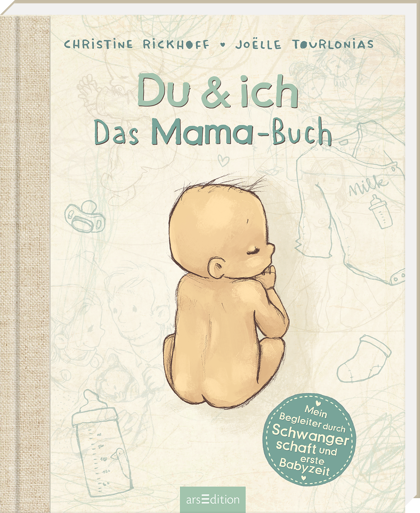 Das Buchcover zeigt ein sanft gezeichnetes Baby, das auf seinem Po sitzt und entspannt nach hinten schaut. Der Hintergrund ist in sanften Pastelltönen gehalten, überwiegend in Hellblau und Beige, mit schematischen Darstellungen von Babyutensilien. Der Titel „Du & ich“ und der Untertitel „Das Mama-Buch“ sind in freundlicher, blauer Typografie gestaltet. Oben links befindet sich der Autorennamen „Christine Rickhoff“ und „Joëlle Tourlonias“. Ganz unten mittig steht der...