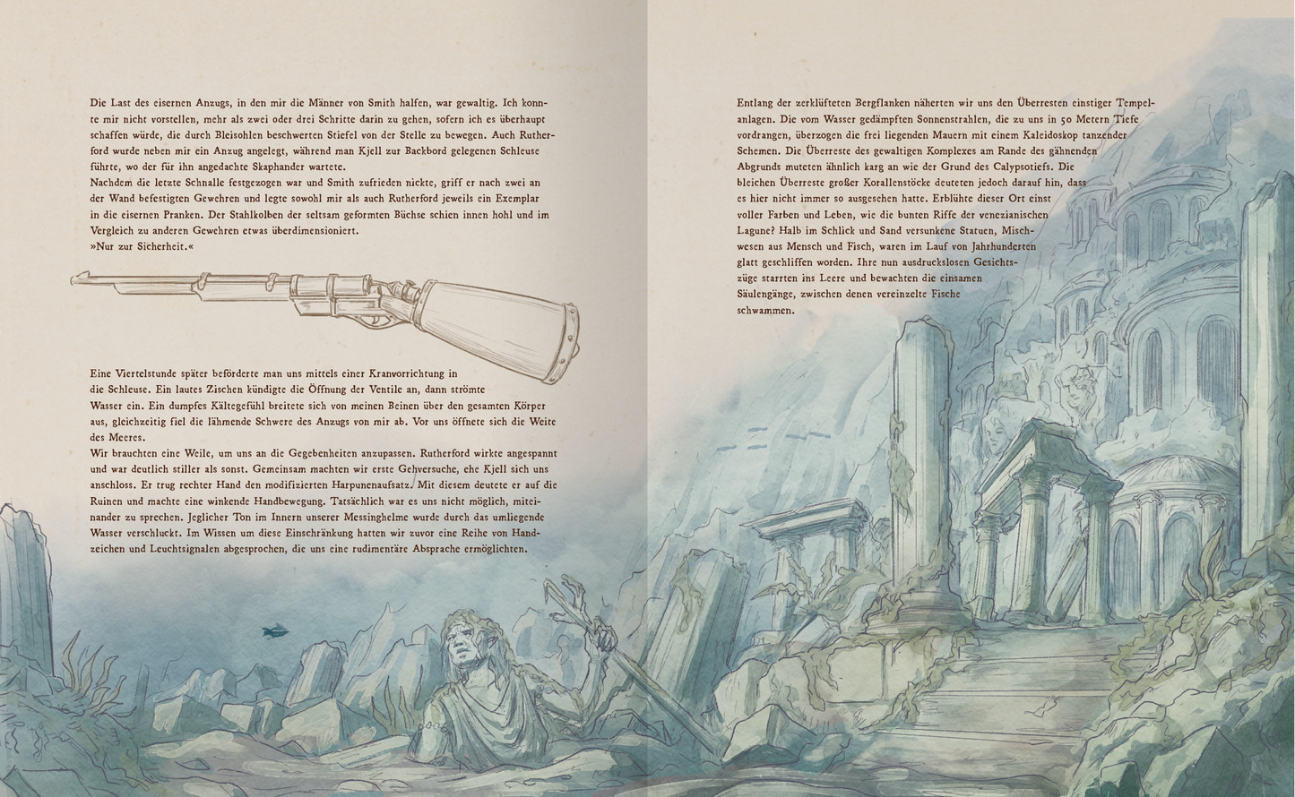 Gezeigt wird eine Innen- oder Zusatzansicht von „Verborgene Fabelwesen der Meere“. Die Doppelseite zeigt eine mystische Unterwasserlandschaft mit sanften, aquarellartigen Blautönen. Im Vordergrund sind ruinöse Säulen und ein versteinertes Wesen abgebildet, während im Hintergrund eine geheimnisvolle Architektur zu sehen ist. Die Schrift ist elegant und gut leserlich, wobei die typografische Gestaltung harmonisch in die illustrierte Umgebung integriert ist.