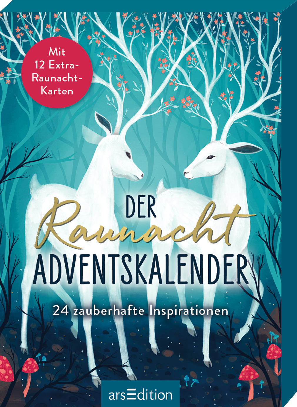 Auf dem Buchcover des „Raunacht Adventskalenders“ sind zwei weiße Rehe mit leuchtenden, verzweigten Geweihen abgebildet, die vor einem tiefblauen Hintergrund stehen. Der Titel „DER RAUNACHT ADVENTSKALENDER“ in eleganter, goldener Schrift hebt sich hervor. In der oberen linken Ecke befindet sich ein roter Button mit dem Text „Mit 12 Extra-Raunacht-Karten“. Ganz unten mittig steht der Logoschriftzug von arsEdition.