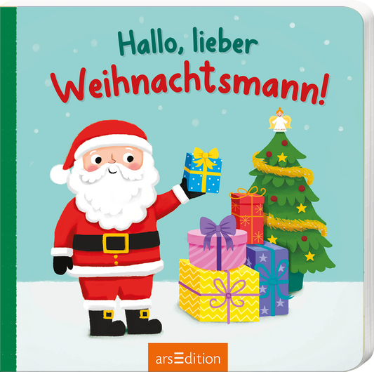Das Buchcover zeigt einen fröhlichen Weihnachtsmann mit weißem Bart und rotem Anzug, der ein Geschenk in der Hand hält. Im Hintergrund steht ein geschmückter Weihnachtsbaum mit einer goldenen Spitze, umgeben von bunten Geschenken in verschiedenen Farben. Oberhalb ist in kräftigem Rot der Titel „Hallo, lieber Weihnachtsmann!“ zu sehen. Unten rechts befindet sich der Hinweis „SPIEGEL-Bestseller“. Ganz unten mittig steht der Logoschriftzug von arsEdition.
