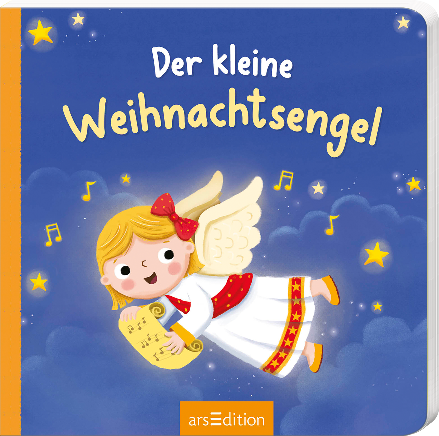 Auf dem Buchcover „Der kleine Weihnachtsengel“ ist ein fröhlicher Engel mit blonden, lockigen Haaren und einer roten Schleife zu sehen, der in einem weißen Kleid mit roten und goldenen Verzierungen durch einen blauen Himmel fliegt. Um ihn herum schweben Musiknoten und strahlende Sterne, die eine festliche Atmosphäre vermitteln. Der Titel ist in verspielter, gelber Schrift gehalten. Oben links befindet sich ein „SPIEGEL Bestseller“-Button. Ganz unten mittig steht der Logoschriftzug...