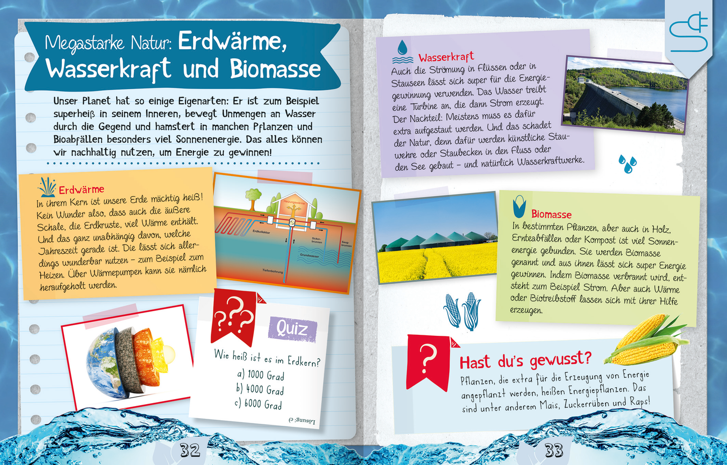 Gezeigt wird eine Innen- oder Zusatzansicht von „Naturforscher-Kids – Unsere Umwelt“. Die Seite präsentiert eine lebendige, bunte Gestaltung mit Überschriften in einer großen, freundlichen Schriftart. Die Farben variieren zwischen Blau, Gelb und Grün und symbolisieren die Natur und Nachhaltigkeit. Wichtige Informationen zu Erdwärme, Wasserkraft und Biomasse sind in Kästen untergebracht, die ansprechend illustriert sind. Fragen und Quizelemente fördern die Interaktivität und das...