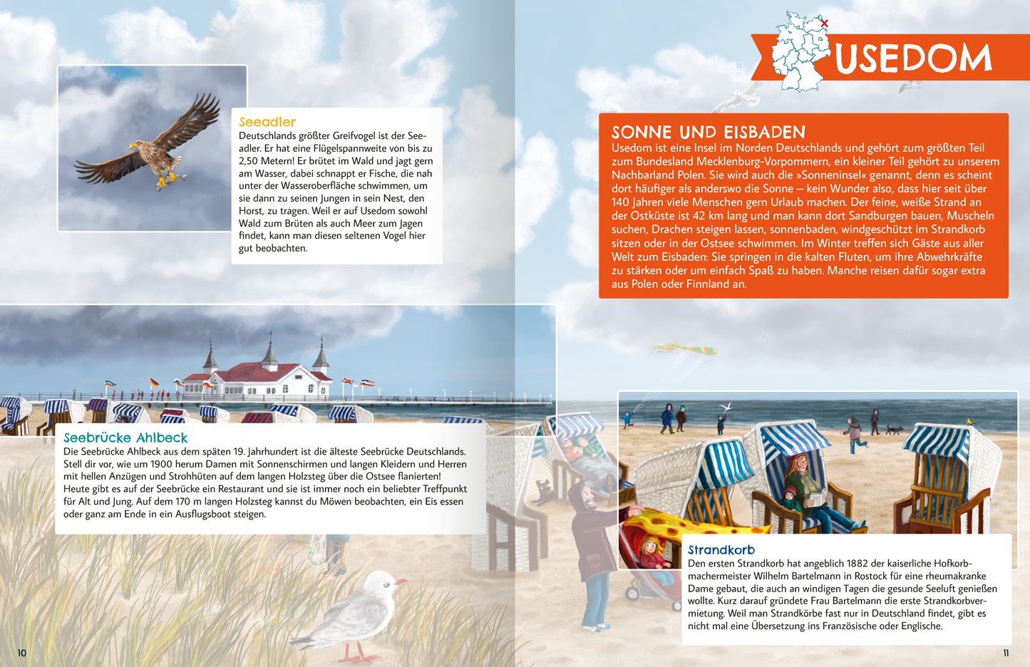 Gezeigt wird eine Innen- oder Zusatzansicht von „Deutschland“. Die Seite enthält eine farbenfrohe Illustration eines Strandes, mit einem blauen Himmel und weißen Wolken. Mittelpunkt ist die Seebrücke Ahlbeck, umgeben von gemütlichen Strandkörben in verschiedenen Blau- und Grautönen. Auf der linken Seite sind stilisierte Vögel abgebildet. Der Text in orangefarbener Typografie hebt die Themen „Sonne und Eisbaden“ hervor. Die Schrift ist klar und gut lesbar.