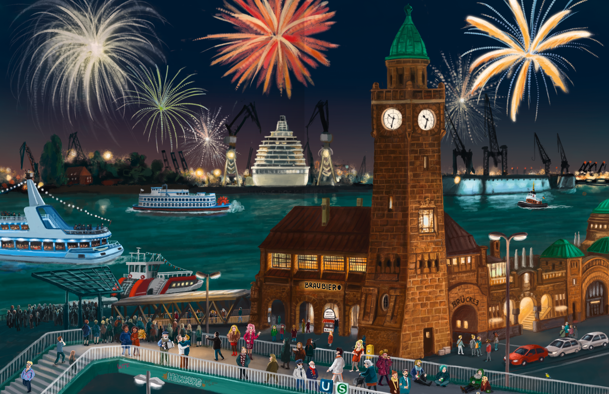 Gezeigt wird eine Innen- oder Zusatzansicht von „Deutschland“. Im Vordergrund ist ein gemütlicher Hafen mit einem historischen Gebäude und einer großen Uhr zu sehen. Charakteristische Schiffe liegen im Wasser, während Besucher auf der Promenade flanieren. Im Hintergrund erleuchten bunte Feuerwerke den Nachthimmel über dem Hafen. Die Farbpalette ist lebhaft, dominiert von Blau- und Rottönen, wobei die Typografie im klassischen Stil gehalten ist.