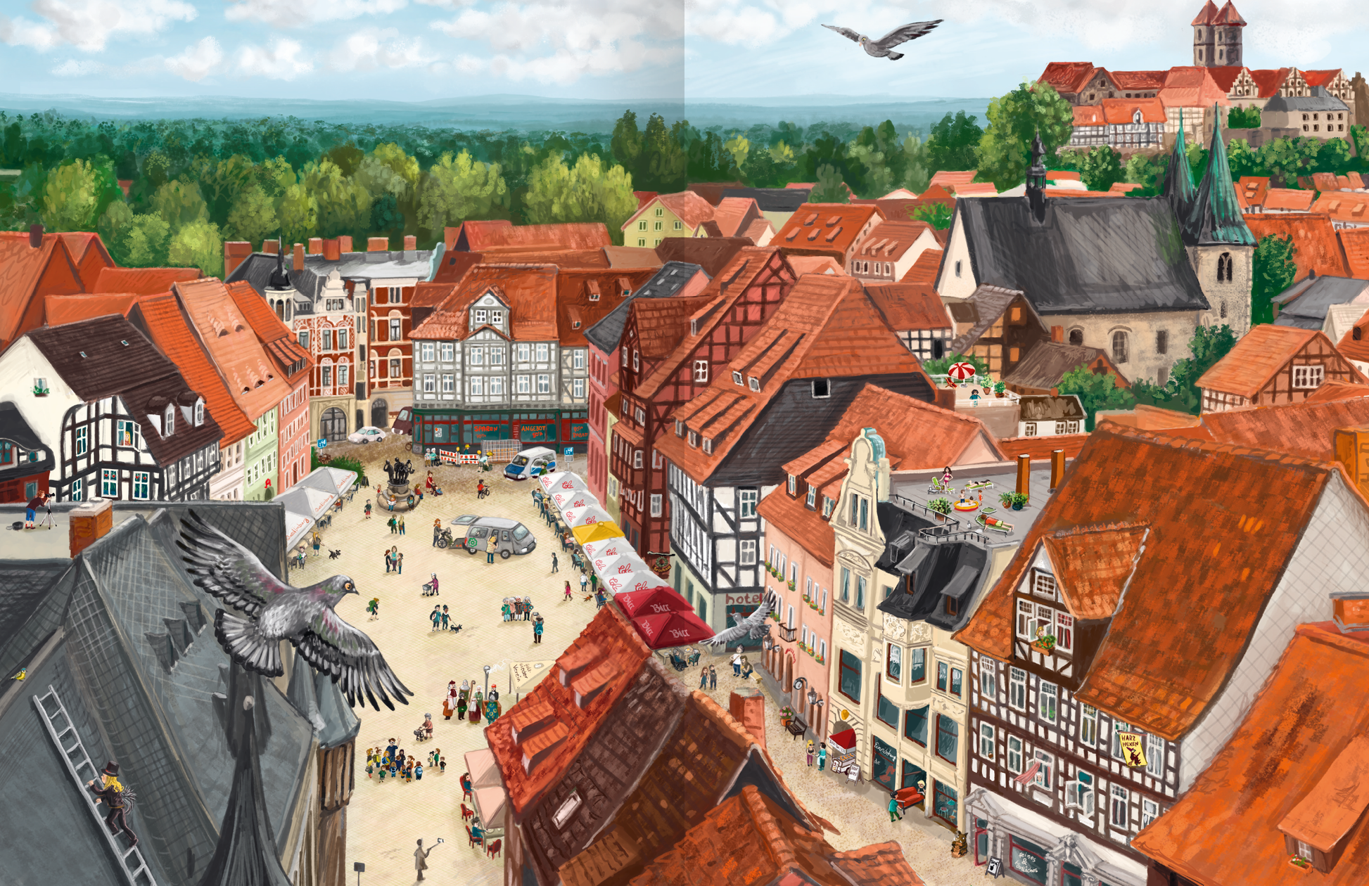 Gezeigt wird eine Innen- oder Zusatzansicht von „Deutschland“. Die Illustration zeigt eine lebendige Stadtansicht mit traditionellen Fachwerkhäusern in warmen Rottönen und einem bunten Marktplatz. Im Vordergrund sind Menschen und Fahrzeuge zu sehen, während im Hintergrund grüne Bäume und sanfte Hügel die Szenerie ergänzen. Die Typografie ist klar und einladend, ideal für eine kinderfreundliche Darstellung. Die harmonischen Farben schaffen eine fröhliche Atmosphäre.