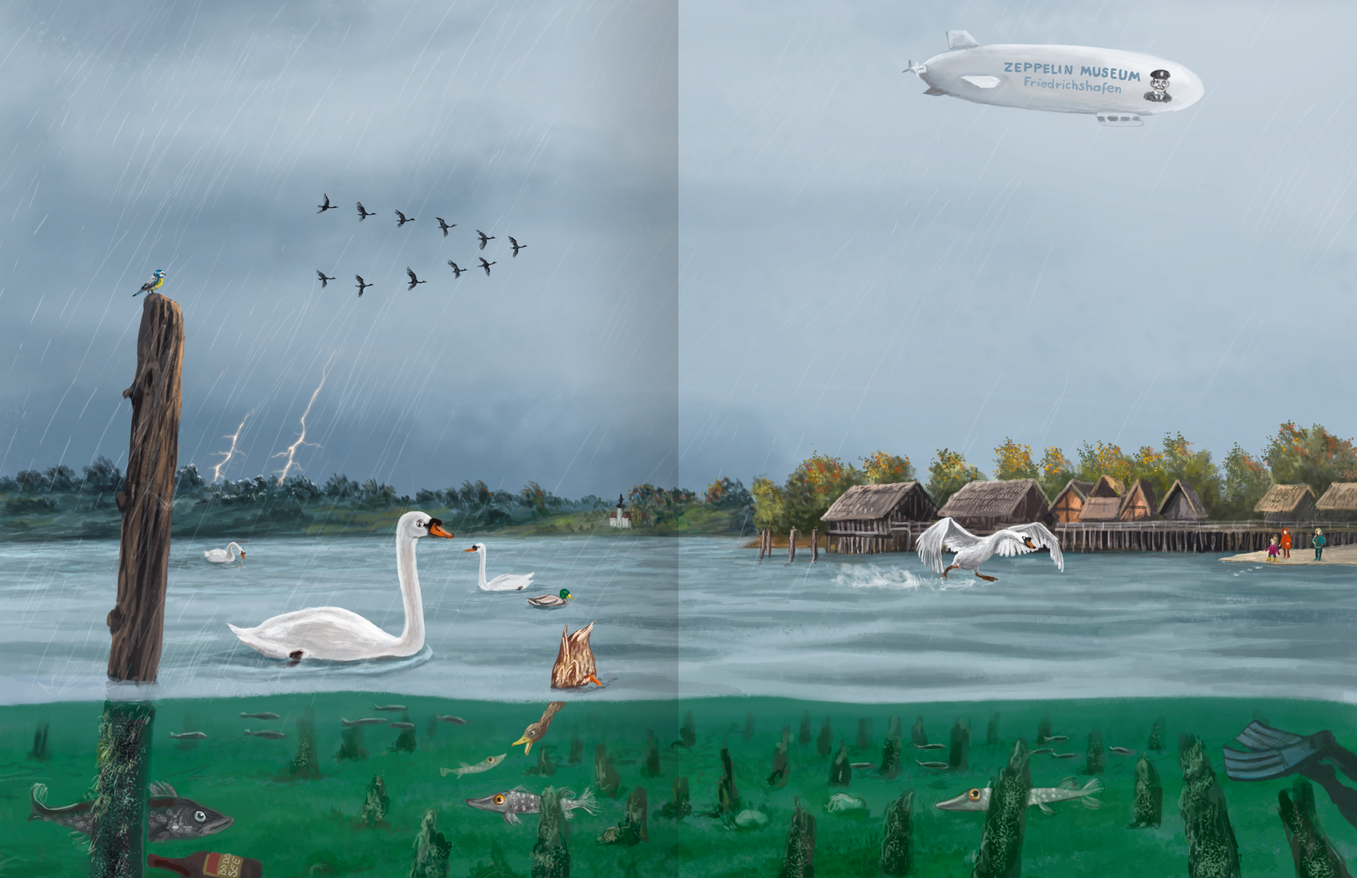 Gezeigt wird eine Innen- oder Zusatzansicht von „Deutschland“. Die Darstellung zeigt eine malerische Uferlandschaft mit einem schimmernden Gewässer. Im Vordergrund schwimmen gleich zwei weiße Schwäne, während im Hintergrund ein Zeppelin über malerische Holzhütten schwebt. Der Himmel ist mit dunklen Regenwolken und einer Blitzeinschlag-Illusion geprägt, was ein dramatisches Wetterbild erzeugt. Die Farbpalette umfasst kühle Blau- und Grautöne, begleitet von frischem Grün und...