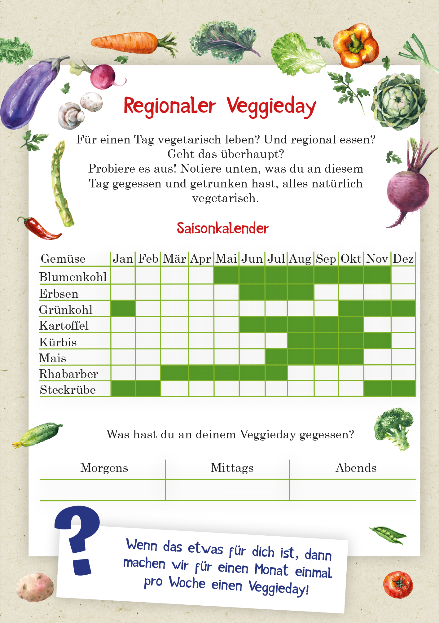 Gezeigt wird eine Innen- oder Zusatzansicht von „Naturforscher-Kids – Umwelt-Aktionen“. Die Abbildung zeigt ein kreatives Arbeitsblatt zum „Regionalen Veggieday“ mit einem bunten Hintergrund von verschiedenen Gemüseillustrationen. In leuchtenden Farben sind Überschriften wie „Gemüse“ und „Saisonkalender“ in einer verspielten Schriftart gestaltet. Es gibt Tabellen, in denen die Monate und Gemüse aufgelistet sind. Zudem sind Felder zum Eintragen von Mahlzeiten für morgens,...