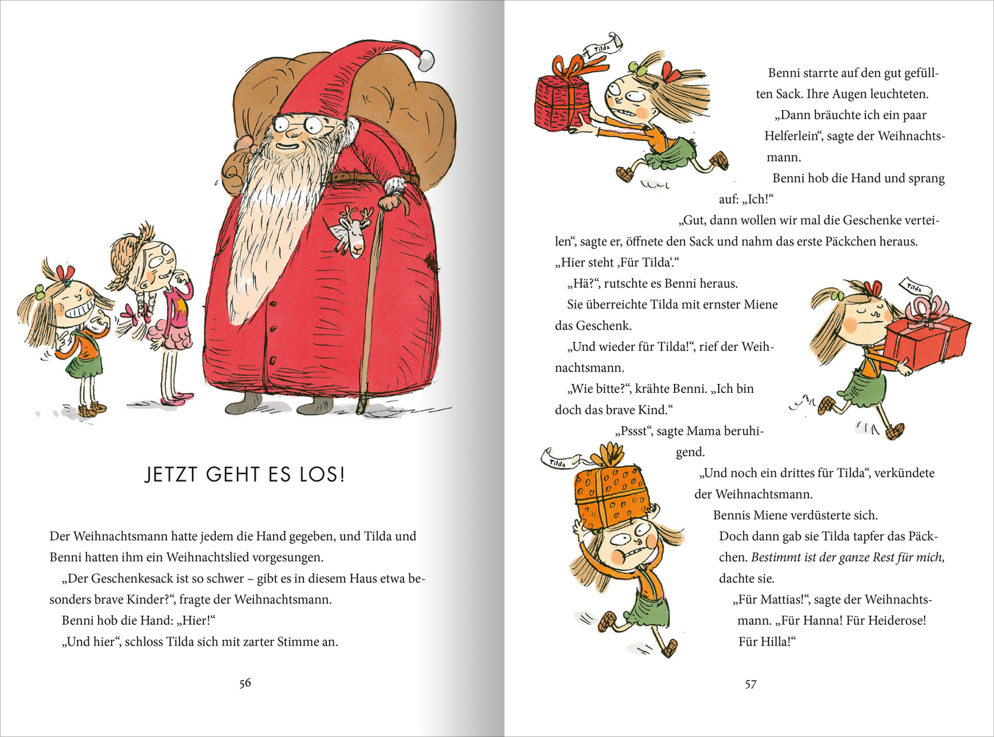 Gezeigt wird eine Innen- oder Zusatzansicht von „Chaoskrümel und Nervensäge feiern Weihnachten“. Auf der linken Seite ist der Weihnachtsmann in einem roten Mantel mit einem großen Sack zu sehen, umgeben von fröhlichen Kindern. Tilda mit einer orangefarbenen Haube und Benni mit einer Mütze sehen gespannt aus. Der Text ist in einer verspielten Schriftart gehalten, die die festliche Stimmung unterstreicht. Die warmen Farben und die lebhaften Illustrationen schaffen eine einladende...