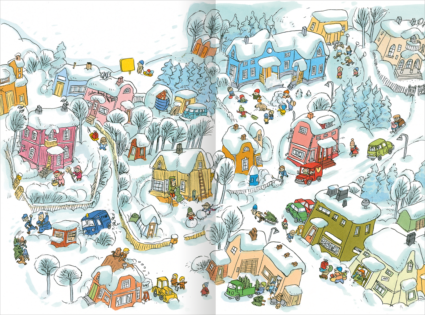 Gezeigt wird eine Innen- oder Zusatzansicht von „Chaoskrümel und Nervensäge feiern Weihnachten“. Die farbenfrohe Illustration zeigt eine verschneite Landschaft mit vielen liebevoll gestalteten Häusern in Pink, Blau, Gelb und Grün. Kinder und Erwachsene sind beschäftigt mit weihnachtlichen Aktivitäten, wie dem Schmücken von Häusern und dem Schlittenfahren. Die Umgebung ist mit schneebedeckten Bäumen und einem klaren Himmel dargestellt, was eine fröhliche, festliche Stimmung...