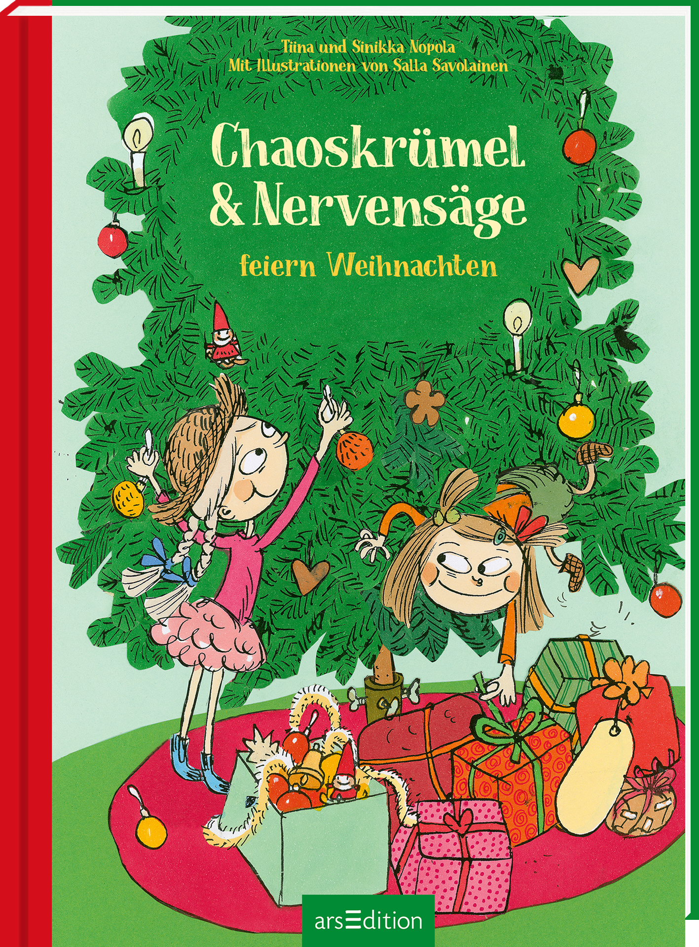 Auf dem Buchcover von „Chaoskrümel & Nervensäge feiern Weihnachten“ sind zwei fröhliche Kinder vor einem großen, geschmückten Weihnachtsbaum abgebildet. Der Hintergrund ist leuchtend grün, während der Weihnachtsbaum mit bunten Ornamenten und Sternen geschmückt ist. Die Kinder, eines mit einem Tüllrock und das andere mit Zöpfen, strahlen Freude aus und bringen eine festliche Atmosphäre. Die Titelgrafik ist in fröhlichem, verspieltem Stil gehalten. Ganz unten mittig steht der...