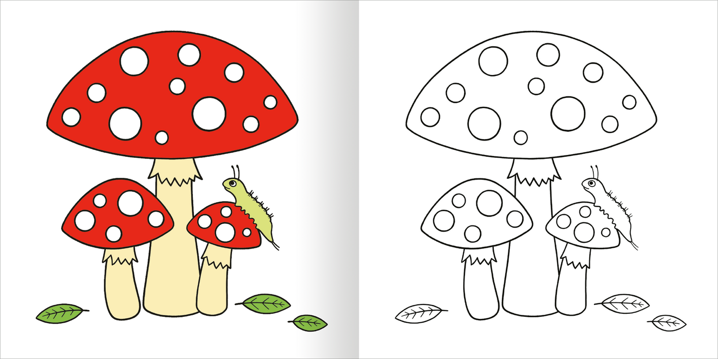 Gezeigt wird eine Innen- oder Zusatzansicht von „Malbuch ab 2 – Mein kunterbuntes Herbst-Malbuch“. Die Abbildung zeigt auf der linken Seite eine bunte Darstellung von Pilzen in leuchtendem Rot mit großen weißen Punkten und einer grünen Raupe. Auf der rechten Seite ist die gleiche Szene in Schwarz-Weiß, die zum Ausmalen einlädt. Die zarten grünen Blätter im Vordergrund ergänzen das herbstliche Thema. Die klare, fröhliche Typografie ist kindgerecht gestaltet.