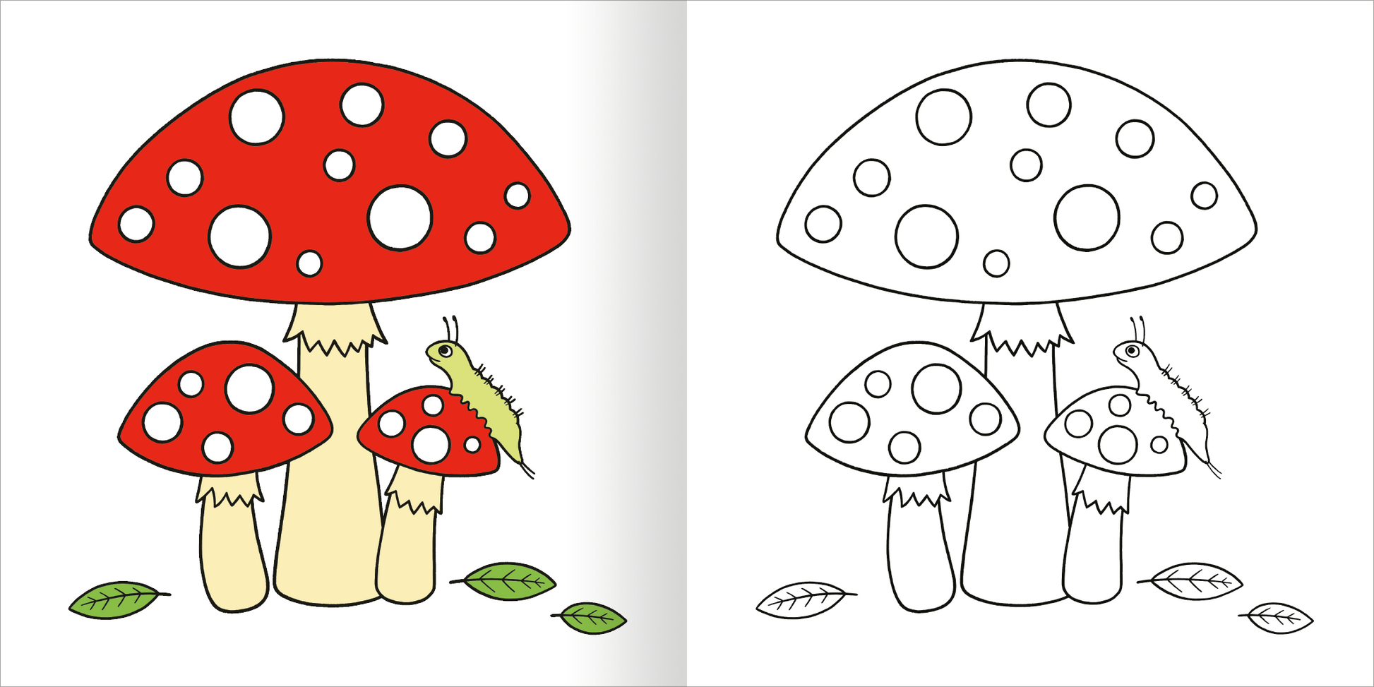 Gezeigt wird eine Innen- oder Zusatzansicht von „Malbuch ab 2 – Mein kunterbuntes Herbst-Malbuch“. Die Abbildung zeigt auf der linken Seite eine bunte Darstellung von Pilzen in leuchtendem Rot mit großen weißen Punkten und einer grünen Raupe. Auf der rechten Seite ist die gleiche Szene in Schwarz-Weiß, die zum Ausmalen einlädt. Die zarten grünen Blätter im Vordergrund ergänzen das herbstliche Thema. Die klare, fröhliche Typografie ist kindgerecht gestaltet.