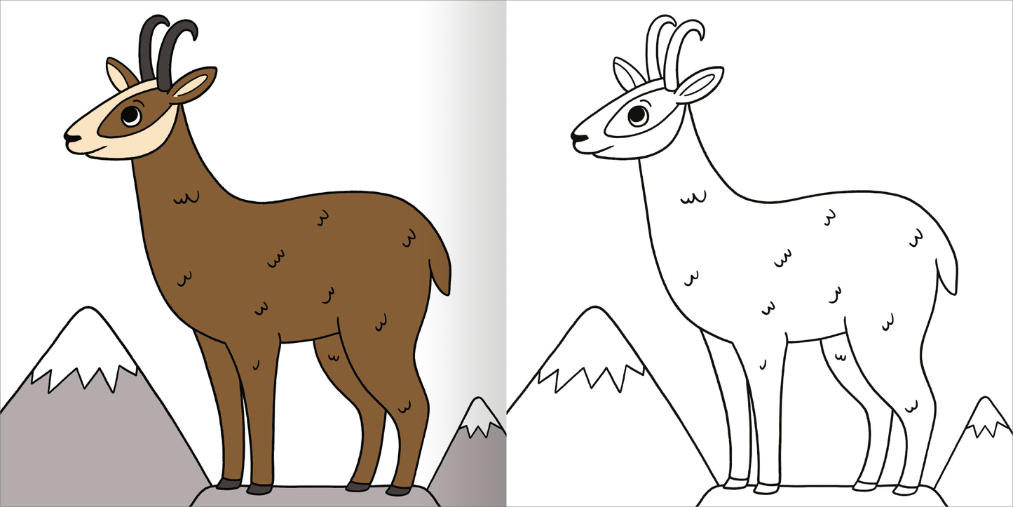 Gezeigt wird eine Innen- oder Zusatzansicht von „Malbuch ab 2 – Mein kunterbuntes Herbst-Malbuch“. Die Abbildung zeigt ein Tier, eine Ziege, in zwei Varianten: links in Braun mit einfarbigen Details, rechts als Ausmalbild in Schwarz-Weiß. Der Hintergrund besteht aus schlichten, stilisierten Bergen. Die Farben sind weich und kinderfreundlich, während die Typografie einfach und klar gehalten ist, um die Ansprache an kleine Kinder zu erleichtern.