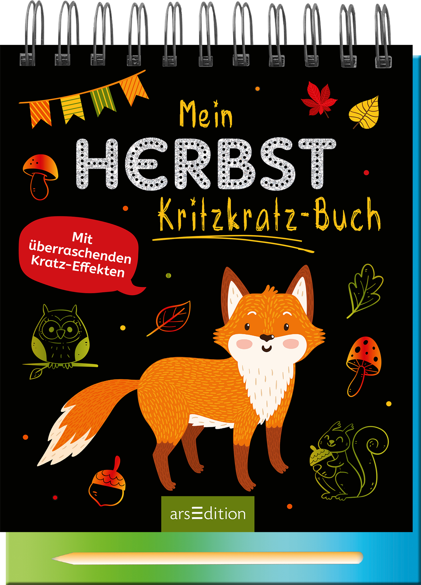 Das Buchcover zeigt einen fröhlichen, orangefarbenen Fuchs vor einem schwarzen Hintergrund, umgeben von bunten Blättern, Pilzen und einem Eichhörnchen. Oberhalb des Fuchses steht in großen, weißen Buchstaben „Mein HERBST“, gefolgt von „Kritzkatz-Buch“ in gelber Handschrift. Ein rotes Label mit dem Text „Mit überraschenden Kratz-Effekten“ befindet sich am unteren Rand. Die Atmosphäre ist verspielt und herbstlich. Ganz unten mittig steht der Logoschriftzug von arsEdition.