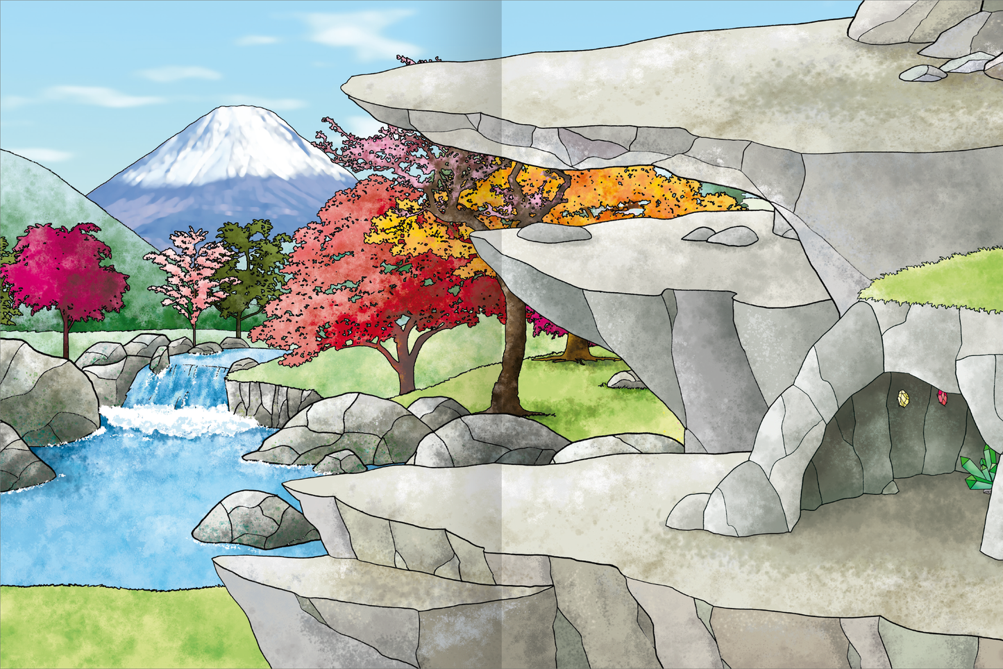 Gezeigt wird eine Innen- oder Zusatzansicht von „Das Metallic-Stickerbuch – Drachen“. Die Illustration zeigt eine dynamische Landschaft mit bunten Bäumen in verschiedenen Herbsttönen, einem klaren Fluss, der durch die Szenerie fließt, und schroffen Felsen im Vordergrund. Im Hintergrund erhebt sich ein schneebedeckter Berg unter einem blauen Himmel. Die erdigen Farben und sanften Konturen der Typografie harmonieren mit dem magischen Setting, das Kinder zum Entdecken einlädt.