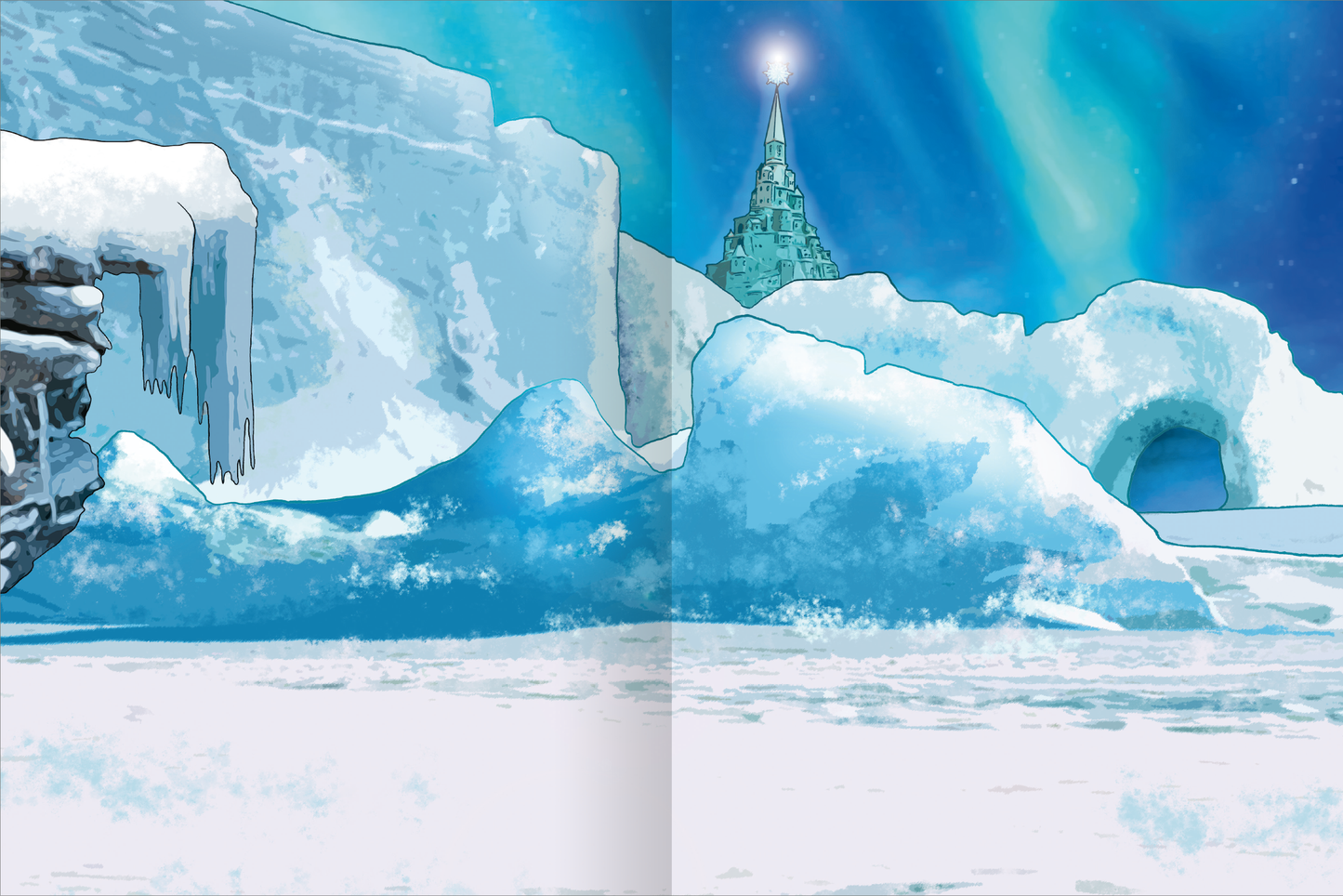 Gezeigt wird eine Innen- oder Zusatzansicht von „Das Metallic-Stickerbuch – Drachen“. Die Illustration zeigt eine frostige Landschaft mit glitzernden Eiszapfen und schneebedeckten Hügeln. Im Hintergrund erhebt sich eine majestätische, türmende Struktur, umgeben von einem klaren, blauen Himmel mit grünlich schimmernden Polarlichtern. Die sanften Farbtöne von Blau und Weiß erzeugen eine magische, kühle Atmosphäre, während die klaren Linien und Details die märchenhafte Szene...