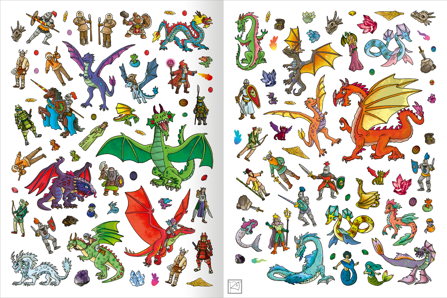 Gezeigt wird eine Innen- oder Zusatzansicht von „Das Metallic-Stickerbuch – Drachen“. Die Seiten sind mit bunten Illustrationen von verschiedenen Drachen und mystischen Figuren gestaltet. Die Farben sind lebhaft und vielfältig, darunter leuchtendes Rot, Grün, Blau und Gelb. Die Typografie ist verspielt und kindgerecht, wobei die drachenähnlichen Motive abwechslungsreich und detailreich sind. Die Anordnung der Elemente schafft eine fantasievolle und einladende Atmosphäre.