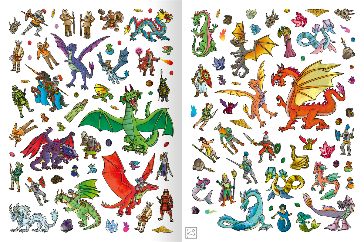 Gezeigt wird eine Innen- oder Zusatzansicht von „Das Metallic-Stickerbuch – Drachen“. Die Seiten sind mit bunten Illustrationen von verschiedenen Drachen und mystischen Figuren gestaltet. Die Farben sind lebhaft und vielfältig, darunter leuchtendes Rot, Grün, Blau und Gelb. Die Typografie ist verspielt und kindgerecht, wobei die drachenähnlichen Motive abwechslungsreich und detailreich sind. Die Anordnung der Elemente schafft eine fantasievolle und einladende Atmosphäre.