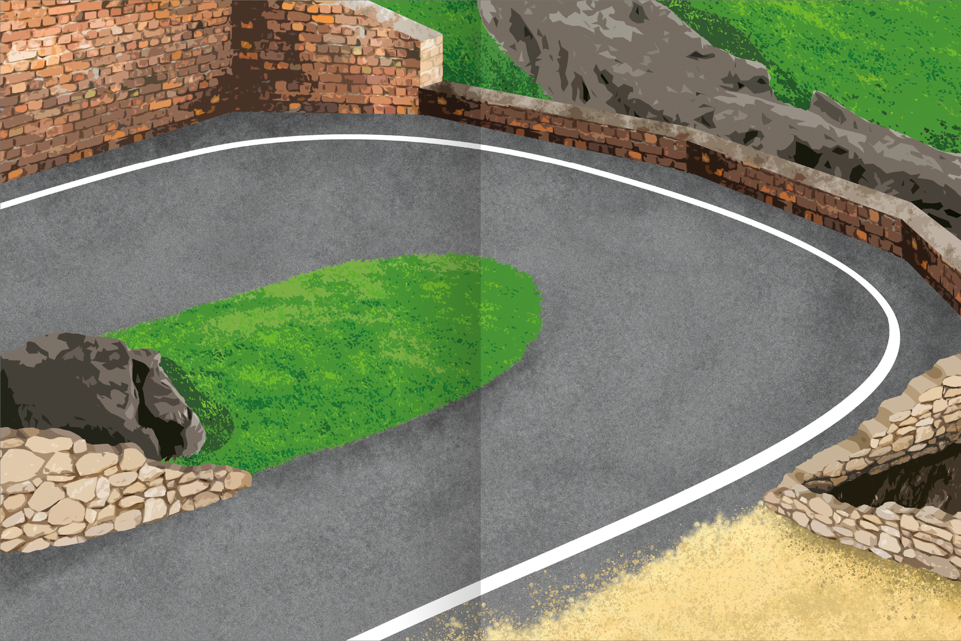 Gezeigt wird eine Innen- oder Zusatzansicht von „Das Metallic-Stickerbuch – Fahrzeuge“. Die Abbildung zeigt eine kurvige, asphaltierte Straße, umgeben von grünem Gras und großen Steinen. Ein Ziegelmauer-Hintergrund ergänzt die Szene. Die Farben sind lebendig, mit sattem Grün und einem grauen Straßenbelag. Die Typografie ist spielerisch, um ein ansprechendes Erlebnis für Kinder zu schaffen.