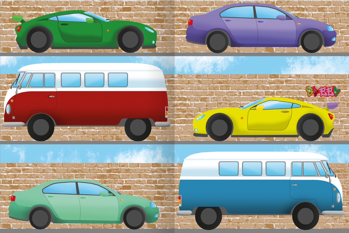 Gezeigt wird eine Innen- oder Zusatzansicht von „Das Metallic-Stickerbuch – Fahrzeuge“. Die Seite präsentiert verschiedene Fahrzeuge in lebhaften Farben: ein grünes Sportauto, ein lila Limousine, ein roter und ein blauer VW-Bus sowie ein gelbes, schnittiges Auto. Die Fahrzeuge sind seitlich dargestellt, vor einem Hintergrund aus Ziegelmauer und Himmel, was einen ansprechenden Kontrast schafft. Die Typografie ist verspielt und kindgerecht, passend zum Thema des Buches.