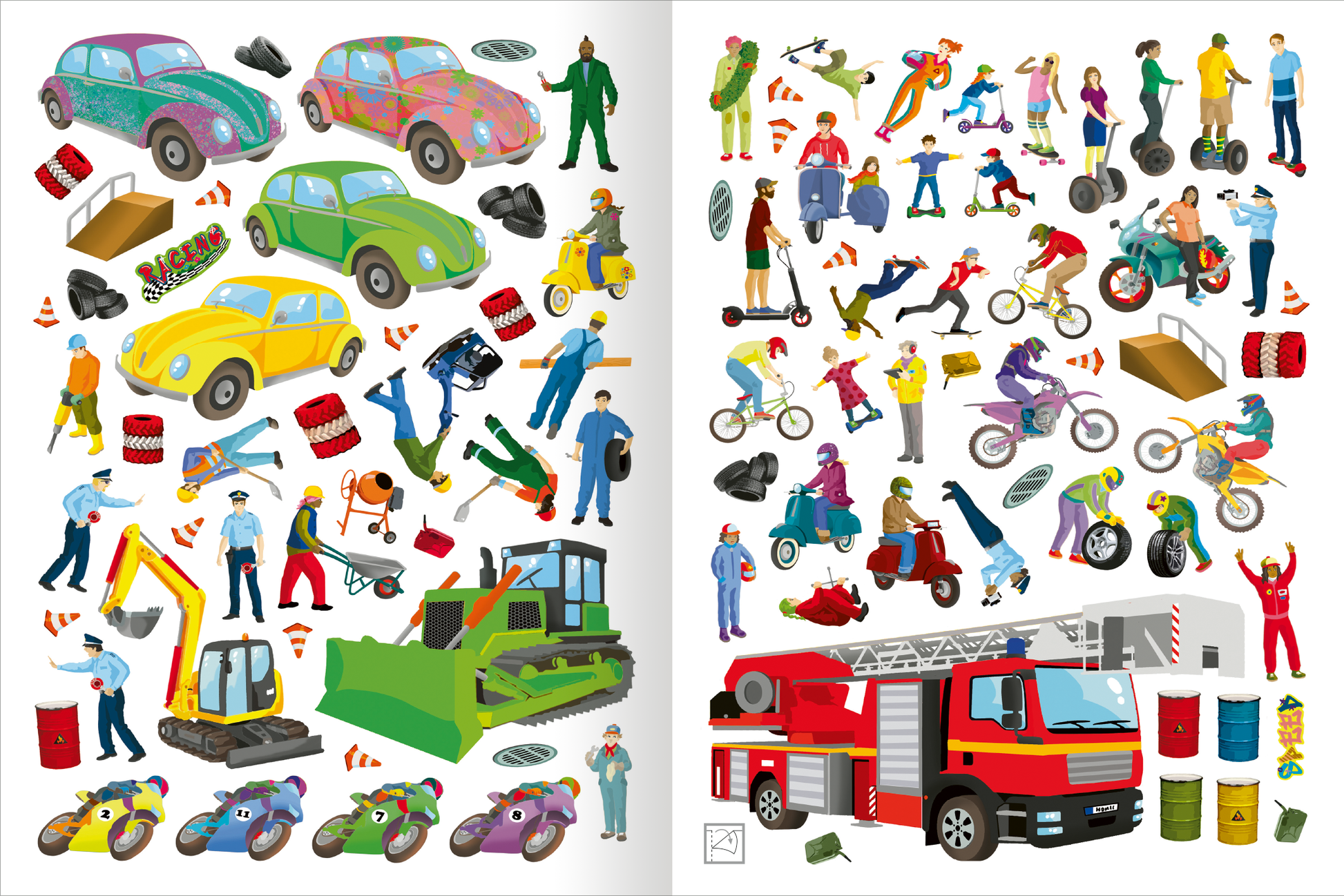 Gezeigt wird eine Innen- oder Zusatzansicht von „Das Metallic-Stickerbuch – Fahrzeuge“. Die Seite zeigt eine Vielzahl von farbenfrohen Fahrzeugen, darunter Autos, Motorräder und Baustellenfahrzeuge. Ergänzt werden sie durch Abbildungen von Personen in unterschiedlichen Farben und Posen, die verschiedene Aktivitäten darstellen. Die Typografie ist spielerisch gehalten, und die Farbpalette umfasst leuchtende Töne wie Gelb, Rot, Blau und Grün, die lebendige Kontraste bieten.