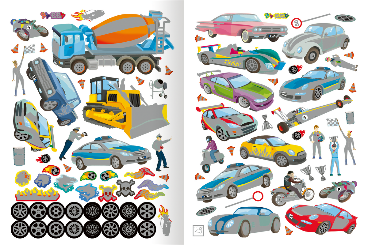Gezeigt wird eine Innen- oder Zusatzansicht von „Das Metallic-Stickerbuch – Fahrzeuge“. Die Seite präsentiert eine Vielzahl an Fahrzeug-Stickern, darunter Lkws, Rennwagen und Baustellenfahrzeuge in lebhaften Farben wie Blau, Grün und Rot. Zudem sind verschiedene Personengestalten und zusätzliche Elemente wie Reifen und Flammenmuster abgebildet. Die Typografie ist verspielt und ergänzt das dynamische Design. Die metallic-glänzenden Sticker verleihen der Seite einen besonderen...