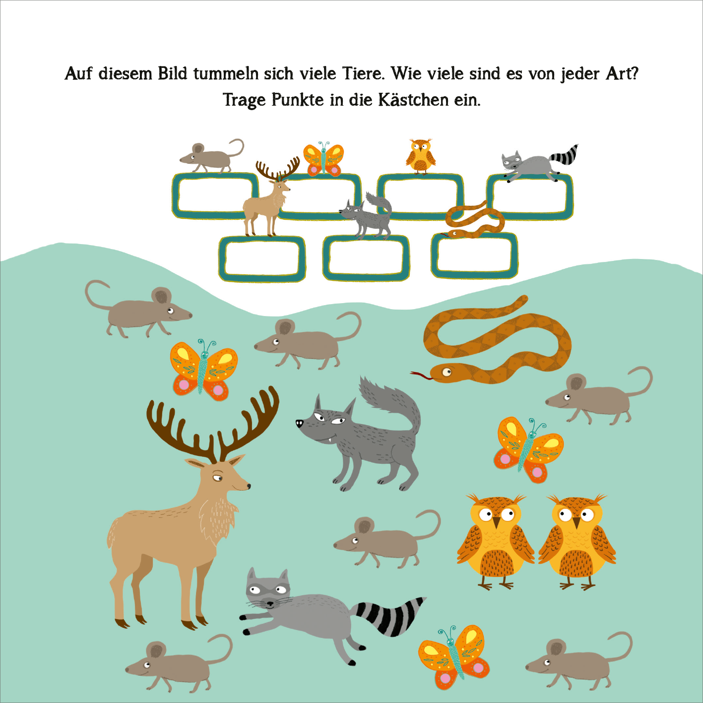 Gezeigt wird eine Innen- oder Zusatzansicht von „Naturrätsel im Herbst“. Die Illustration zeigt eine farbenfrohe und kindgerechte Darstellung verschiedener Tiere wie Rehe, Füchse, Eulen und Mäuse. Über den Tieren schwebende Schmetterlinge und eine Schlange ergänzen das Bild. Grüne Kästchen zur Punktezahl stehen im oberen Teil, während der Hintergrund sanft abgerundete Formen in hellgrün zeigt. Die Verwendung einer verspielten Schriftart unterstützt die ansprechende Gestaltung für...