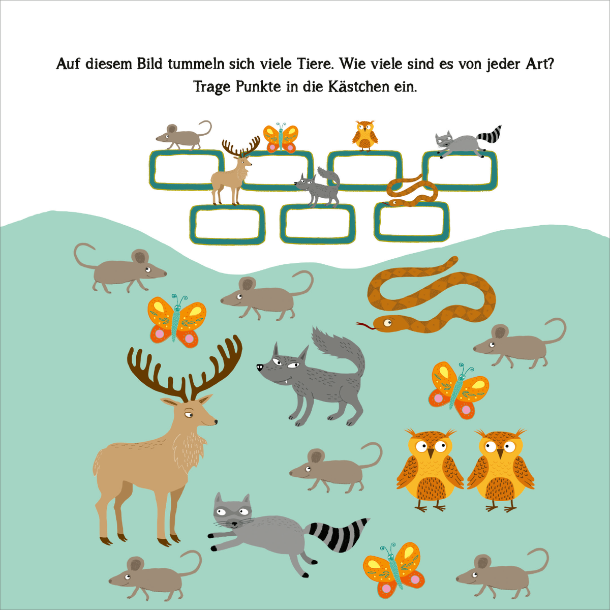 Gezeigt wird eine Innen- oder Zusatzansicht von „Naturrätsel im Herbst“. Die Illustration zeigt eine farbenfrohe und kindgerechte Darstellung verschiedener Tiere wie Rehe, Füchse, Eulen und Mäuse. Über den Tieren schwebende Schmetterlinge und eine Schlange ergänzen das Bild. Grüne Kästchen zur Punktezahl stehen im oberen Teil, während der Hintergrund sanft abgerundete Formen in hellgrün zeigt. Die Verwendung einer verspielten Schriftart unterstützt die ansprechende Gestaltung für...