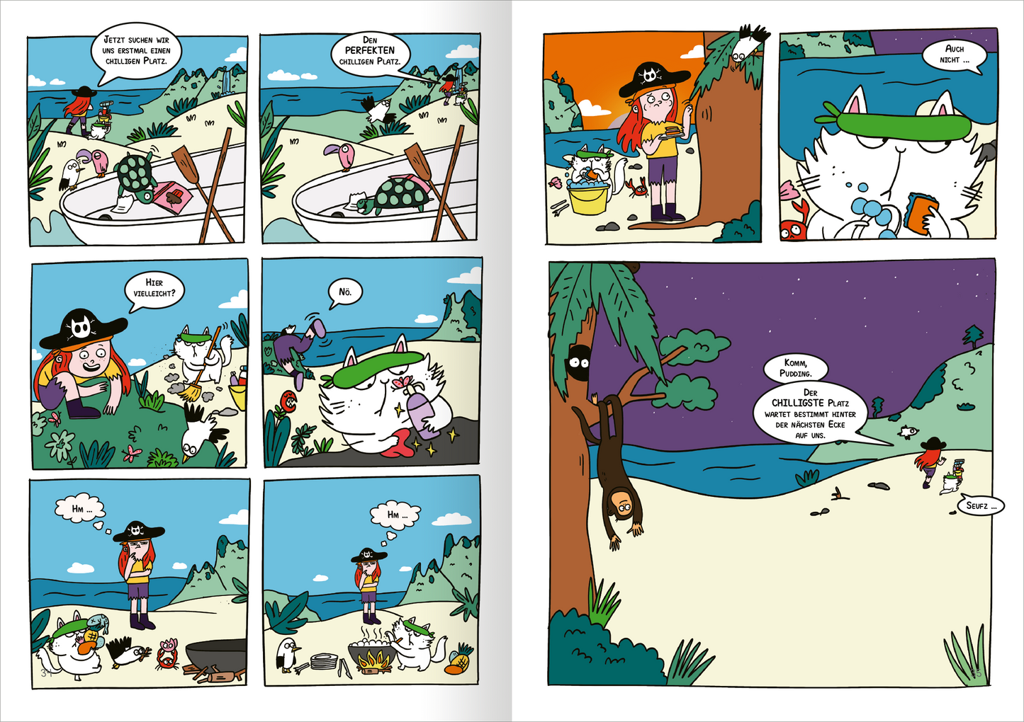 Gezeigt wird eine Innen- oder Zusatzansicht von „Chilli, die faulste Piratin der Welt“. Die Doppelseite zeigt lebendige Farben, vor allem Türkis, Grün und Braun. Auf der linken Seite sind Szenen mit Chilli, einer Piratin, und verschiedenen tierischen Charakteren dargestellt. Die Sprechblasen verwenden eine kindgerechte, verspielte Typografie. Auf der rechten Seite ist eine nächtliche Szenerie zu sehen, die eine ruhige Atmosphäre vermittelt. Die Illustrationen sind humorvoll und...