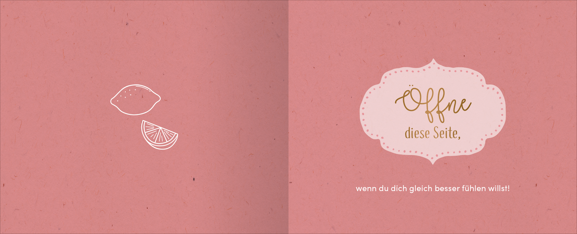 Gezeigt wird eine Innen- oder Zusatzansicht von „Gute Besserung – Alles Liebe!“. Der Hintergrund ist in einem sanften Rosa gehalten, ergänzt durch eine zarte, weiße Zitronenillustration. Auf der rechten Seite befindet sich ein dekorativer إطار um den Text „Offne diese Seite,“ in einer eleganten, goldenen Schrift. Darunter steht der Hinweis „wenn du dich gleich besser fühlen willst!“ in einer klaren, gut lesbaren Typografie.