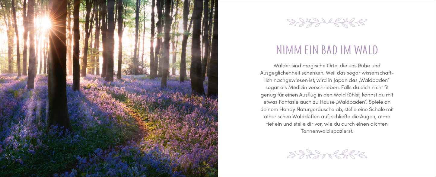 Gezeigt wird eine Innen- oder Zusatzansicht von „Gute Besserung – Alles Liebe!“. Auf der linken Seite ist ein bezauberndes Waldfoto mit Sonnenstrahlen zu sehen, die durch hohe Bäume fallen und einen blühenden lila Teppich aus Wildblumen hervorheben. Auf der rechten Seite steht der Titel „NIMM EIN BAD IM WALD“ in einer geschwungenen, eleganten Schriftart. Darunter befindet sich ein poetischer Text in klarer, grauer Typografie, der die Leser zum Gedanken an erholsame Naturerlebnisse...