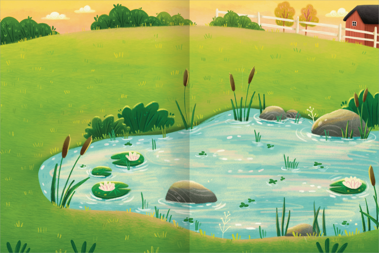 Gezeigt wird eine Innen- oder Zusatzansicht von „Mein flauschiges Stickerheft – Bauernhof“. Die Illustration zeigt eine grüne Wiese und einen Teich in der Mitte. Im Teich schwimmen Seerosen und einige Steine sind sichtbar. Die Umgebung ist mit Wiesenpflanzen und Schilf gesäumt. Im Hintergrund sind ein rotes Scheunengebäude und Bäume zu erkennen. Der Himmel ist sanft gelblich gefärbt, was eine freundliche und einladende Atmosphäre erzeugt.
