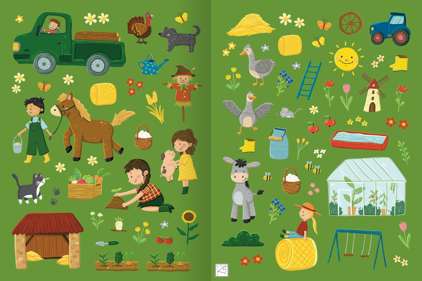 Gezeigt wird eine Innen- oder Zusatzansicht von „Mein flauschiges Stickerheft – Bauernhof“. Zu sehen ist ein Stickerbogen des Heftes. So sind Illustrationen zu einer Vielzahl von Tieren, Menschen und Landwirtschaftsobjekten als Sticker zu nutzen. Die dominierende Farbe ist ein frisches Grün, ergänzt durch bunte Illustrationen in Gelb, Braun und Blau. Zu sehen sind Kinder, die mit Tieren interagieren, sowie Fahrzeuge und landwirtschaftliche Elemente.