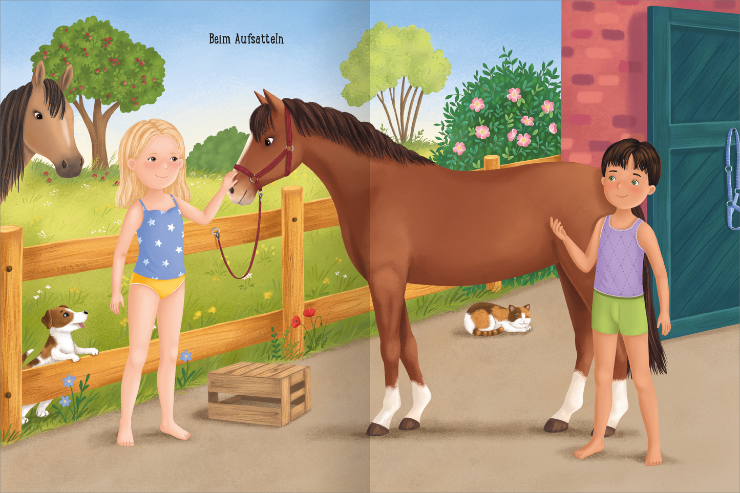 Gezeigt wird eine Innen- oder Zusatzansicht von „Erstes Stickern Anziehpuppen – Reiterhof“. Die Illustration zeigt zwei Kinder, die mit einem braunen Pferd im Stall interagieren. Im Hintergrund sind ein grüner Zaun und Bäume zu sehen, während bunte Blumen die Szene beleben. Die Farbpalette ist hell und freundlich, mit dominierenden Gelb-, Grün- und Blau-Tönen. Die Typografie im oberen Bereich hebt den Titel „Beim Aufsatteln“ hervor, wobei die Schrift klar und kindgerecht...