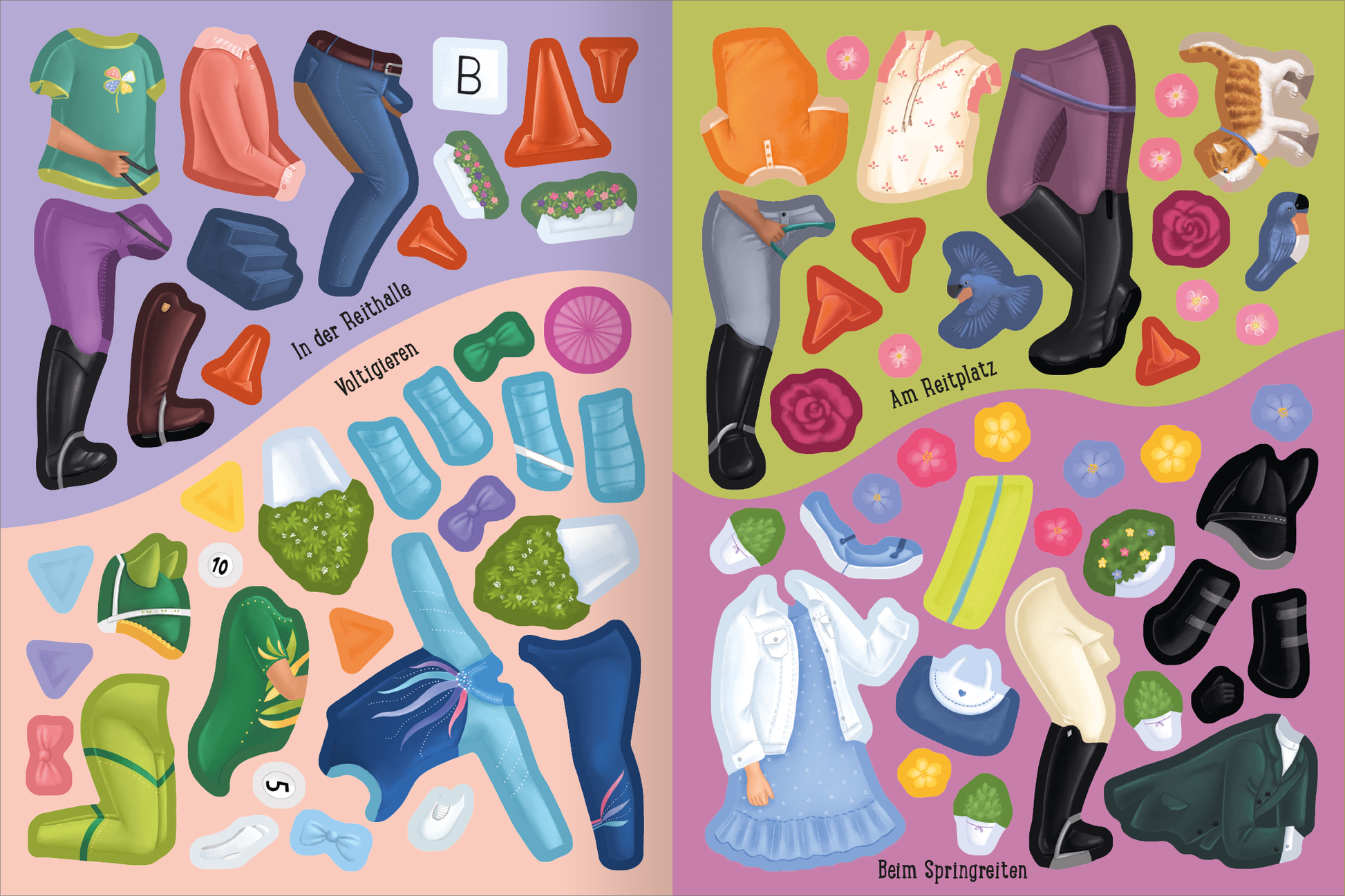 Gezeigt wird eine Innen- oder Zusatzansicht von „Erstes Stickern Anziehpuppen – Reiterhof“. Die farbenfrohe Darstellung umfasst diverse Kleider und Zubehörteile für Anziehpuppen, unterteilt in Themenbereiche wie „In der Reithalle“ und „Am Reitplatz“. Die kräftigen Farben Blau, Grün, Rosa und Lila heben sich von den sanften Hintergrundtönen ab. Die Schrift ist modern und gut lesbar, ergänzt durch Illustrationen von Reiterbekleidung, Stiefeln und Accessoires, die das...