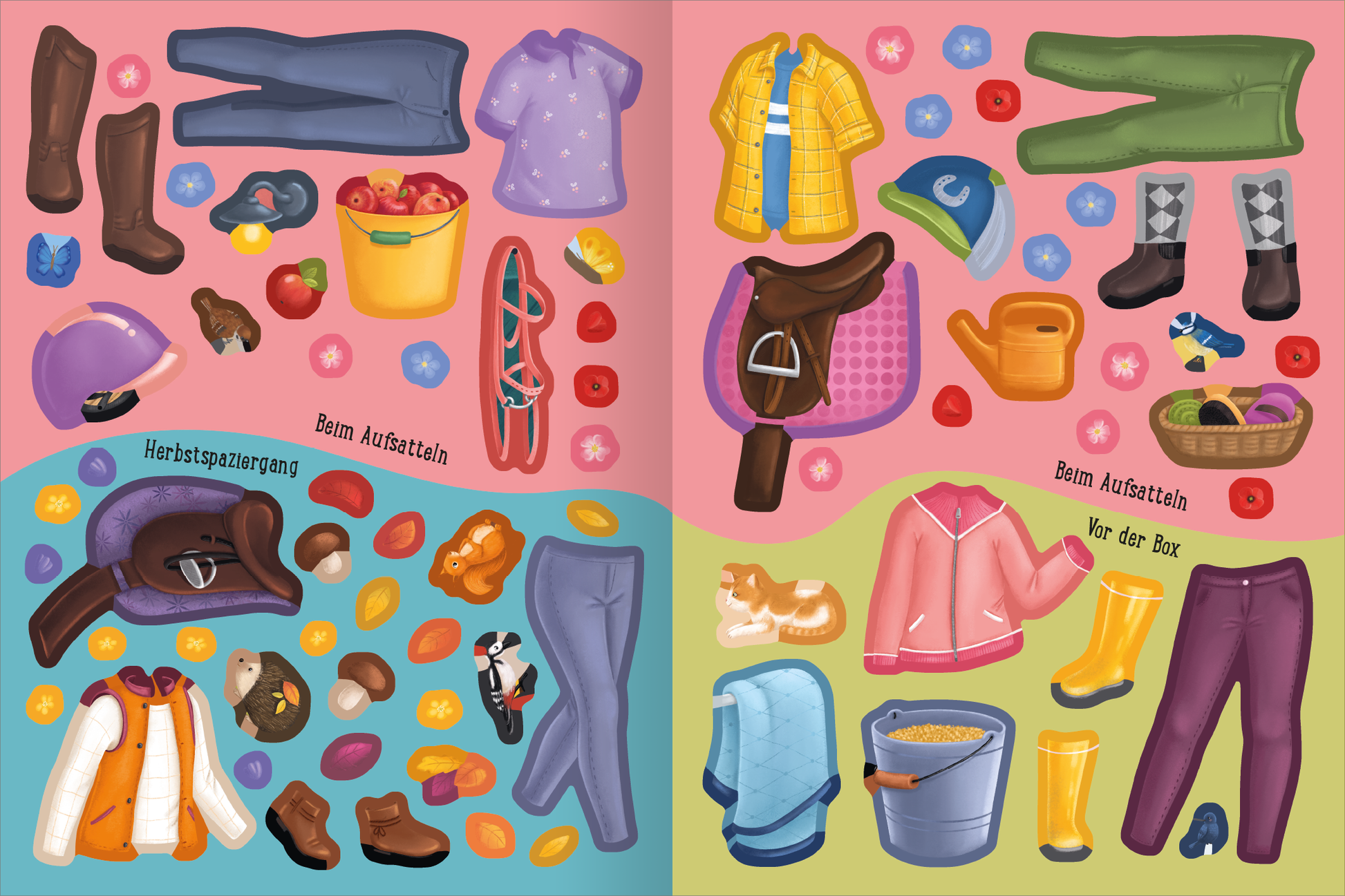 Gezeigt wird eine Innen- oder Zusatzansicht von „Erstes Stickern Anziehpuppen – Reiterhof“. Die Doppelseite zeigt eine bunte Anordnung von Kleidungsstücken und Accessoires für Reitaktivitäten. Auf einem Pastellhintergrund in Rosa und Blau sind verschiedene Objekte wie Reitstiefel, Helme, Jacken und Werkzeuge abgebildet. Die farbenfrohe Typografie hebt die einzelnen Elemente hervor, während viele niedliche tierische Motive die thematische Gestaltung unterstützen.