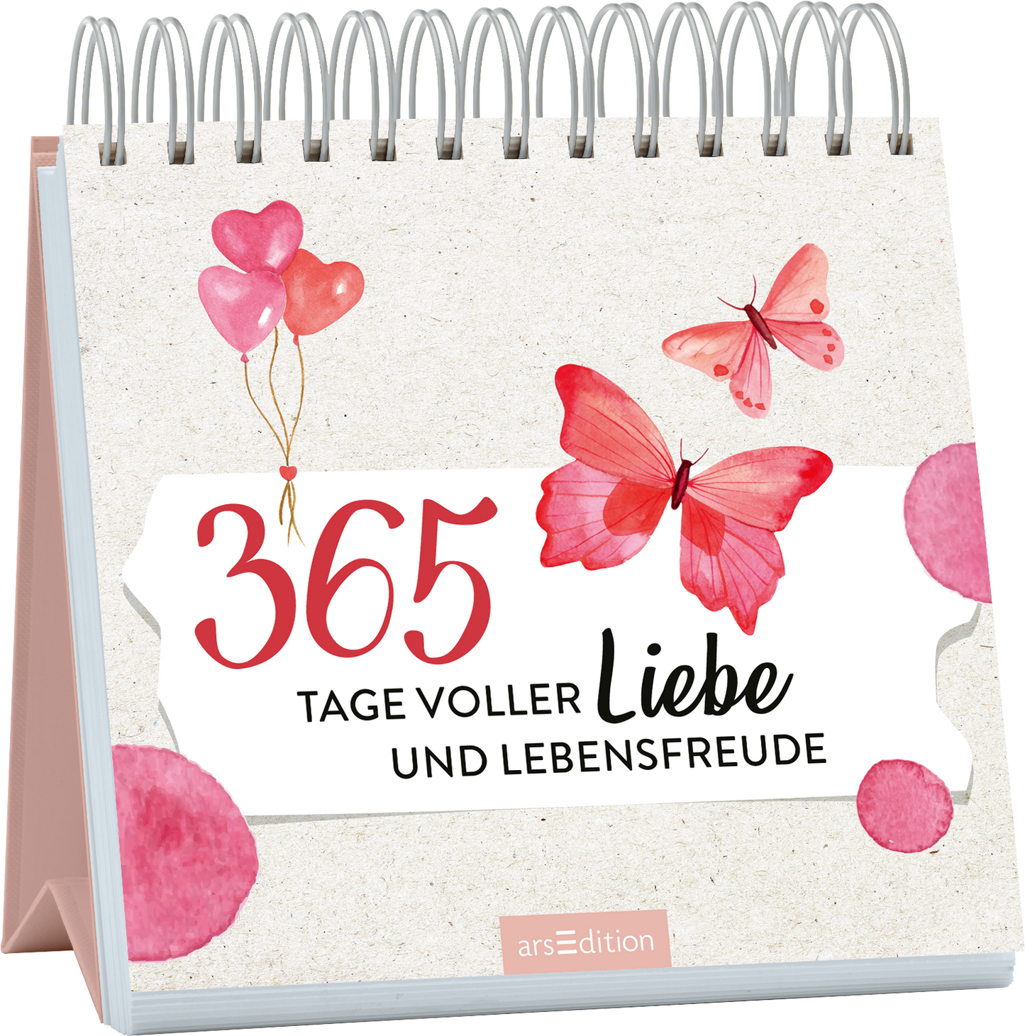 Das Buchcover zeigt eine helle, strukturierte Hintergrundfarbe mit rosa und rosanen Akzenten. Im Zentrum befindet sich der Titel „365 Tage voller Liebe und Lebensfreude“ in einer verspielten, schwarzen Schrift. Zwei zarte, pinke Schmetterlinge und einige Luftballons in Herzform umrahmen den Titel und verleihen dem Cover eine fröhliche Atmosphäre.  Ganz unten mittig steht der Logoschriftzug von arsEdition.