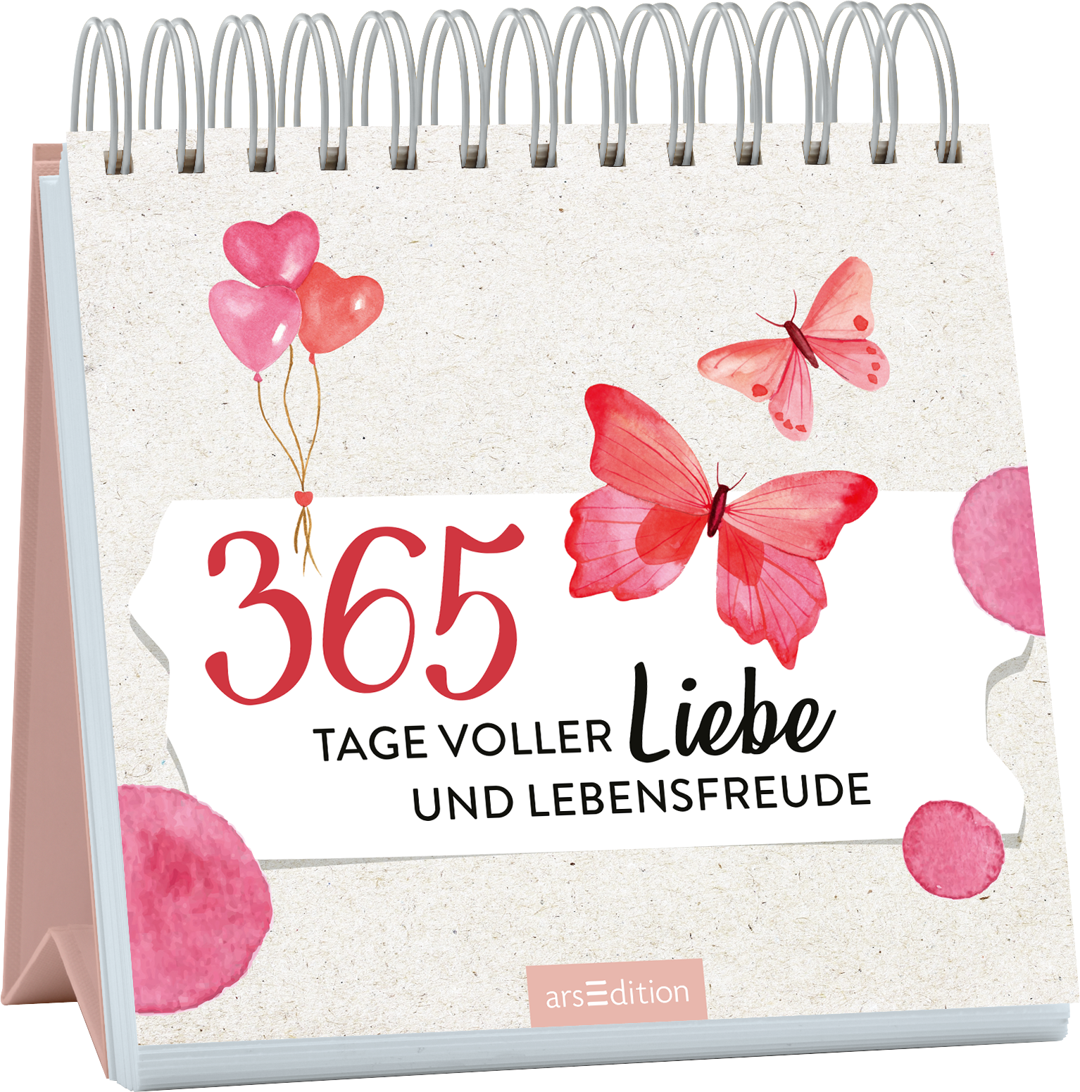 Das Buchcover zeigt eine helle, strukturierte Hintergrundfarbe mit rosa und rosanen Akzenten. Im Zentrum befindet sich der Titel „365 Tage voller Liebe und Lebensfreude“ in einer verspielten, schwarzen Schrift. Zwei zarte, pinke Schmetterlinge und einige Luftballons in Herzform umrahmen den Titel und verleihen dem Cover eine fröhliche Atmosphäre.  Ganz unten mittig steht der Logoschriftzug von arsEdition.