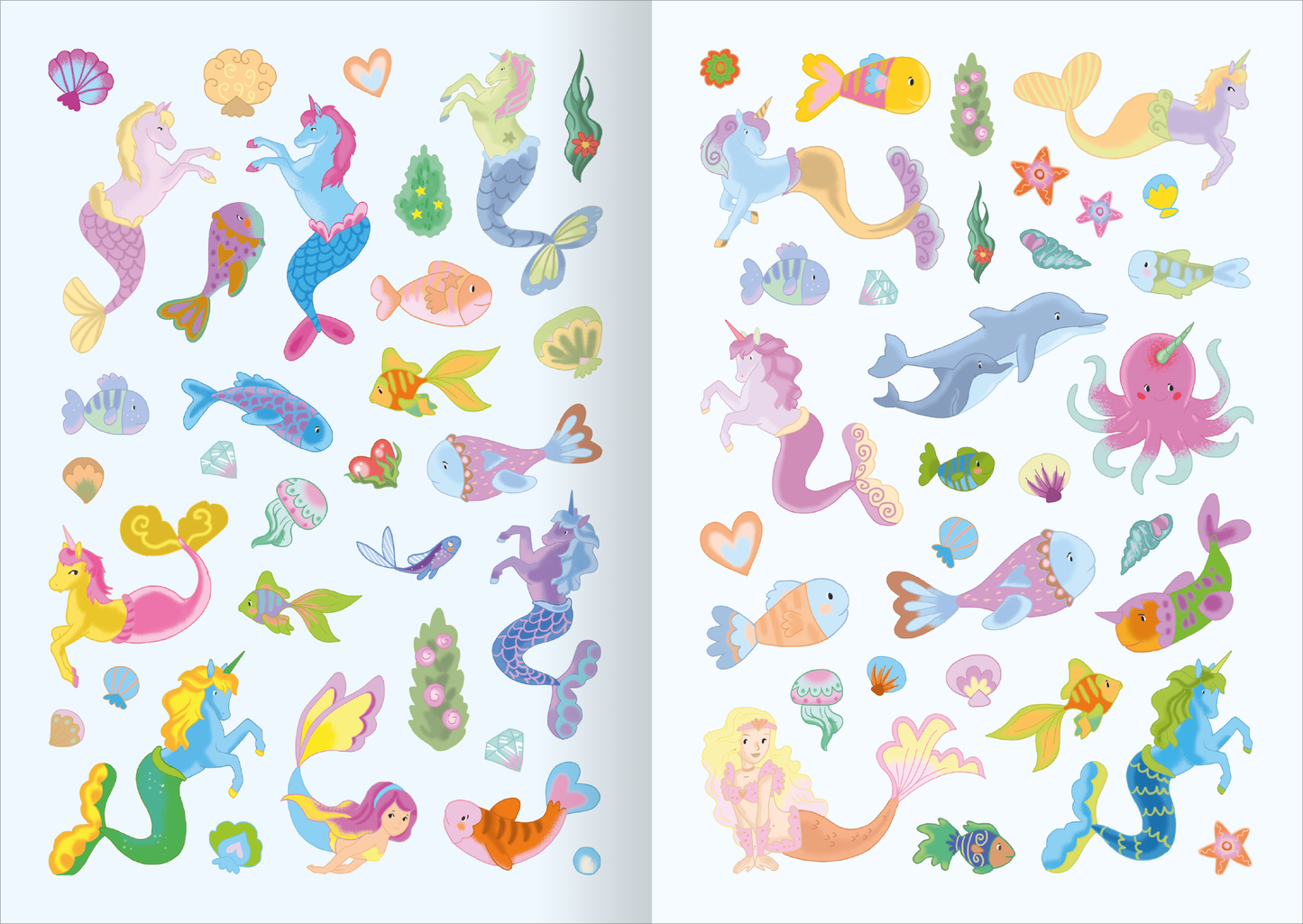 Gezeigt wird eine Innen- oder Zusatzansicht von „MINI-Stickerheft – Einhörner“. Die Seite präsentiert eine Vielzahl von bunten Aufklebern, darunter Einhörner, Meereslebewesen und weitere Fantasiewesen. Die Farben sind pastellartig in Rosa, Blau, Lila und Gelb gehalten. Verschiedene Formen und Grafiken sind kreativ angeordnet, mit einem spielerischen, kinderfreundlichen Design. Die Typografie ist freundlich und leicht lesbar, passend für ein junges Publikum.