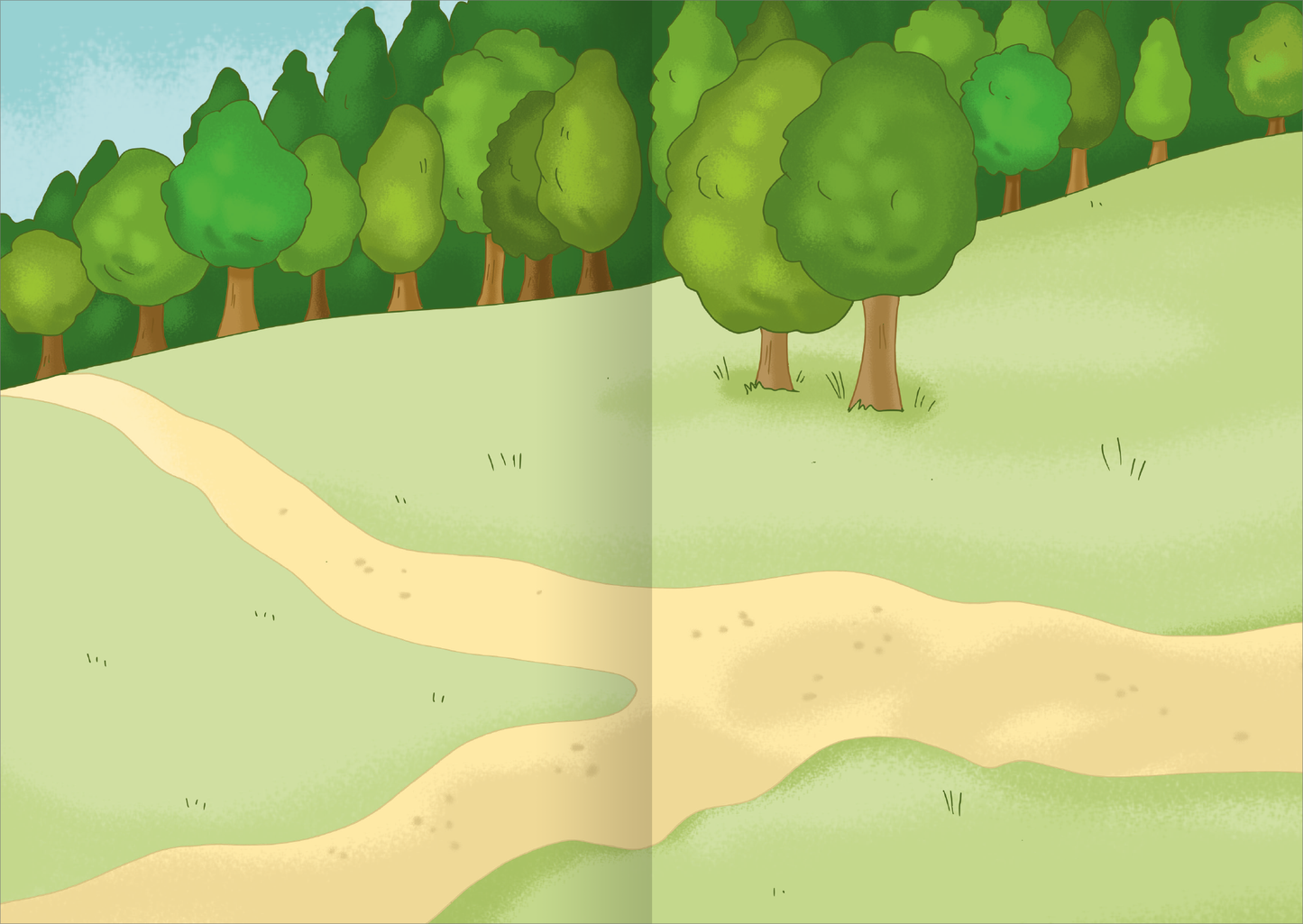 Gezeigt wird eine Innen- oder Zusatzansicht von „MINI-Stickerheft – Pferde“. Die Illustration zeigt eine helle, freundliche Landschaft mit sanften Hügeln und einem gewundenen, hellbraunen Weg. Links und rechts sind grüne Bäume in unterschiedlichen Formen und Schattierungen dargestellt. Der Himmel ist blau mit sanften Wolken, was eine harmonische und einladende Atmosphäre schafft. Die Zeichnungen sind klar und kindgerecht, mit einem einfachen, verspielten Stil.