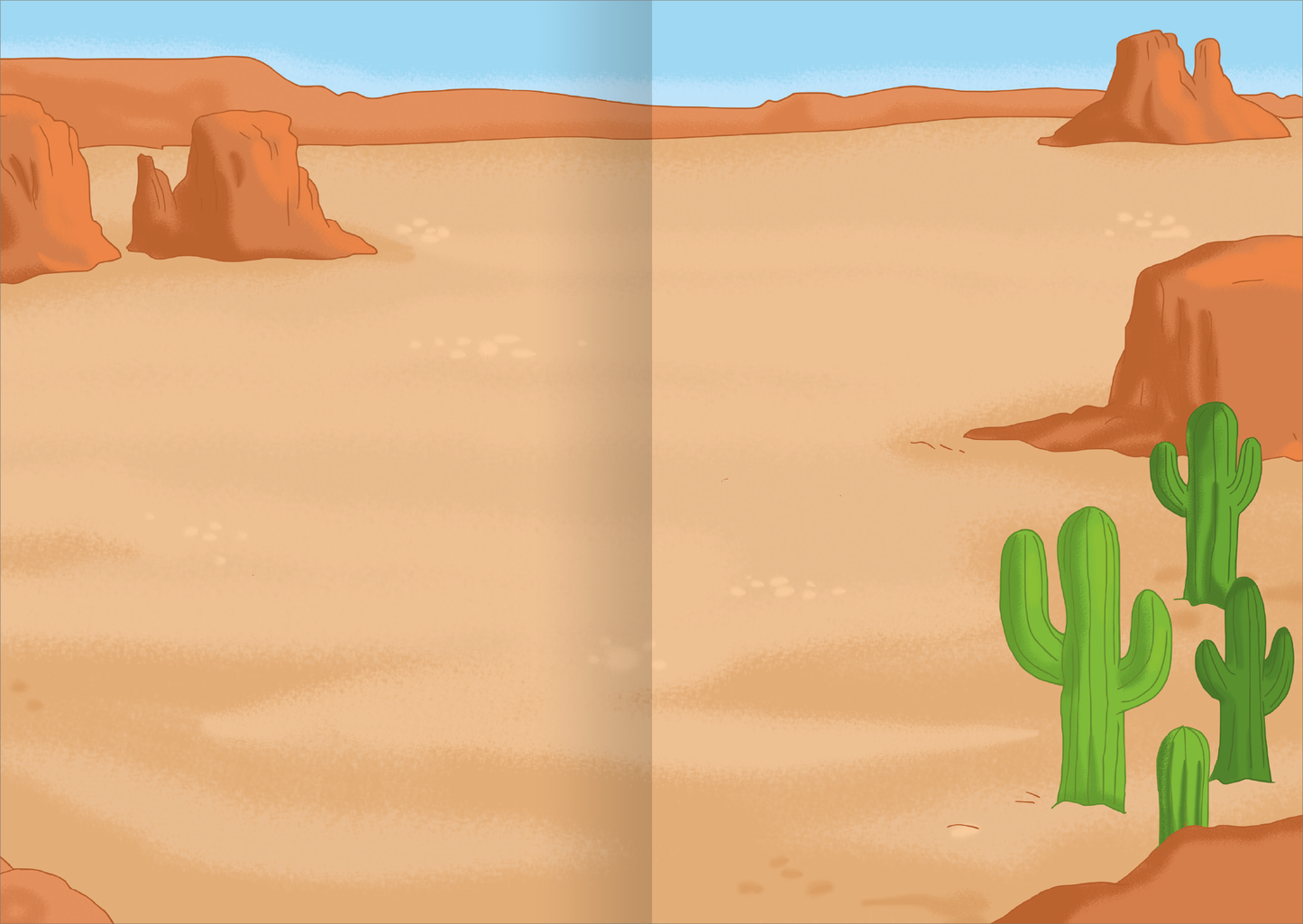 Gezeigt wird eine Innen- oder Zusatzansicht von „MINI-Stickerheft – Pferde“. Die Illustration zeigt eine weitläufige Wüstenlandschaft mit sanften, orangefarbenen Felsen und einem blauen Himmel. Einige grüne Kakteen stehen in der rechten Bildhälfte, während die linke Seite leer und sandig ist. Die Farben sind warm und erdig, mit einem klaren, harmonischen Kontrast zwischen Himmel und Erde. Die Typografie ist kindgerecht und freundlich, was die Zielgruppe anspricht.