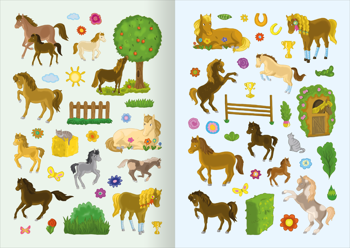Gezeigt wird eine Innen- oder Zusatzansicht von „MINI-Stickerheft – Pferde“. Die Seite zeigt eine bunte Anordnung von Pferde-Stickern in unterschiedlichen Farben und Formen. Links sind verschiedene Pferde, eine große Apfelbaumgrafik sowie Natur-Elemente wie Wiesen und Blumen abgebildet. Rechts finden sich weitere Pferde, Turnier-Elemente wie Pokale und ein Hindernis. Die Schrift ist verspielt und kindgerecht gestaltet, dominierende Farben sind Braun, Gelb und Grün.