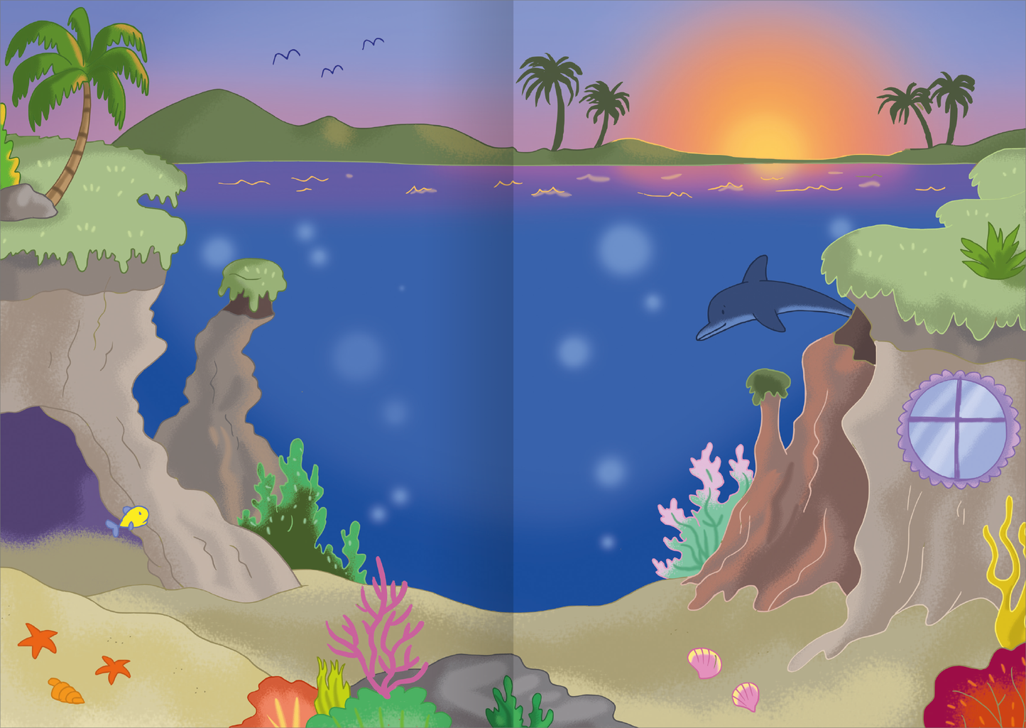 Gezeigt wird eine Innen- oder Zusatzansicht von „MINI-Stickerheft – Meerjungfrauen“. Die Illustration zeigt eine bunte Unterwasserlandschaft mit grünem Korallenriff, orangefarbenen Seesternen und pinken Muscheln am sandigen Strand. Im Hintergrund erstreckt sich ein tiefblaues Meer, in dem ein Delfin springt, während die Sonne orange am Horizont aufgeht. Palmen und sanfte Hügel rahmen die Szene ein, die insgesamt in lebhaften Farben gehalten ist und eine fröhliche, einladende...